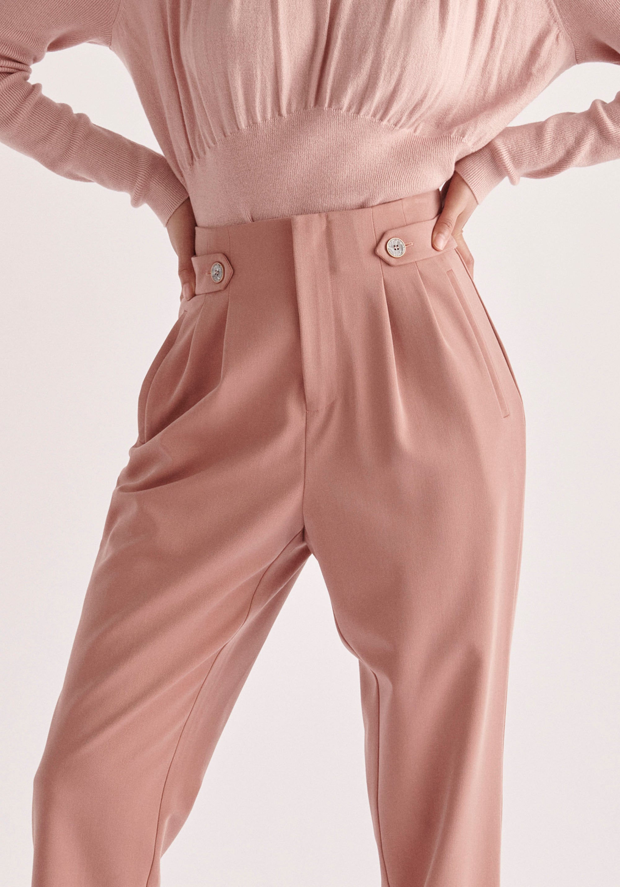 Paisie Cropped Button Detail Trousers in Pink Close Up