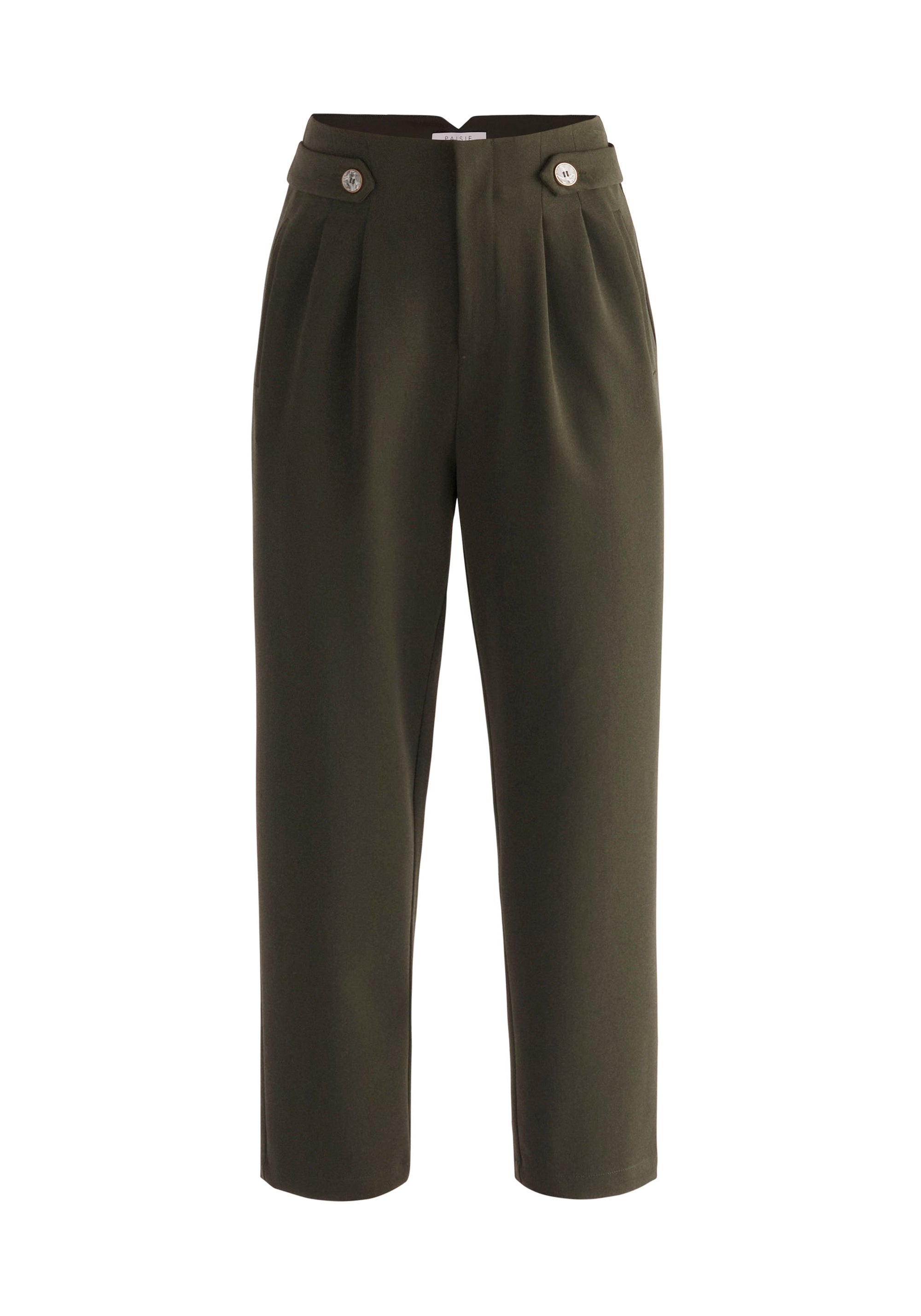 Paisie Cropped Button Detail Trousers in Army Green Cut Out