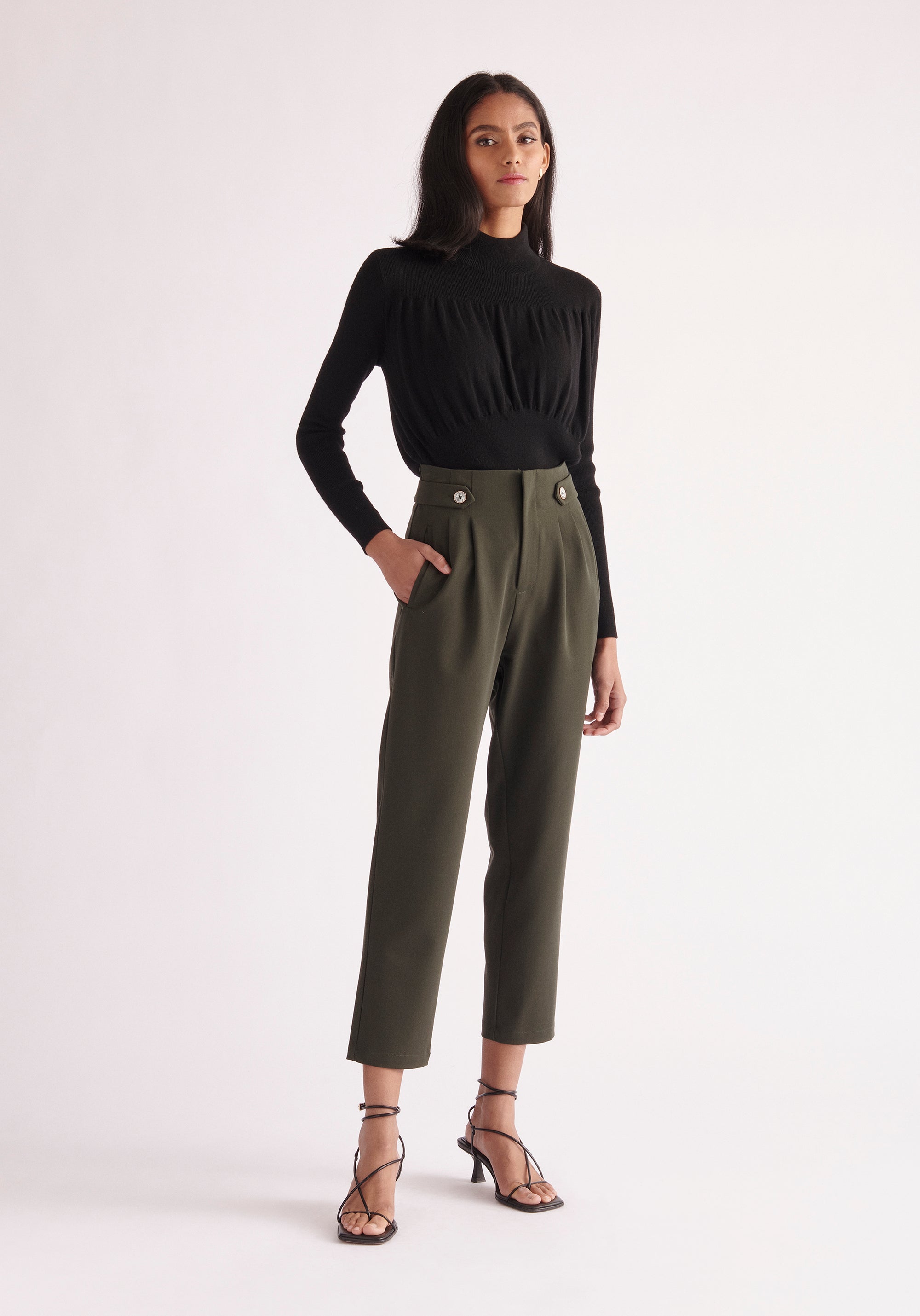 Paisie Cropped Button Detail Trousers in Army Green