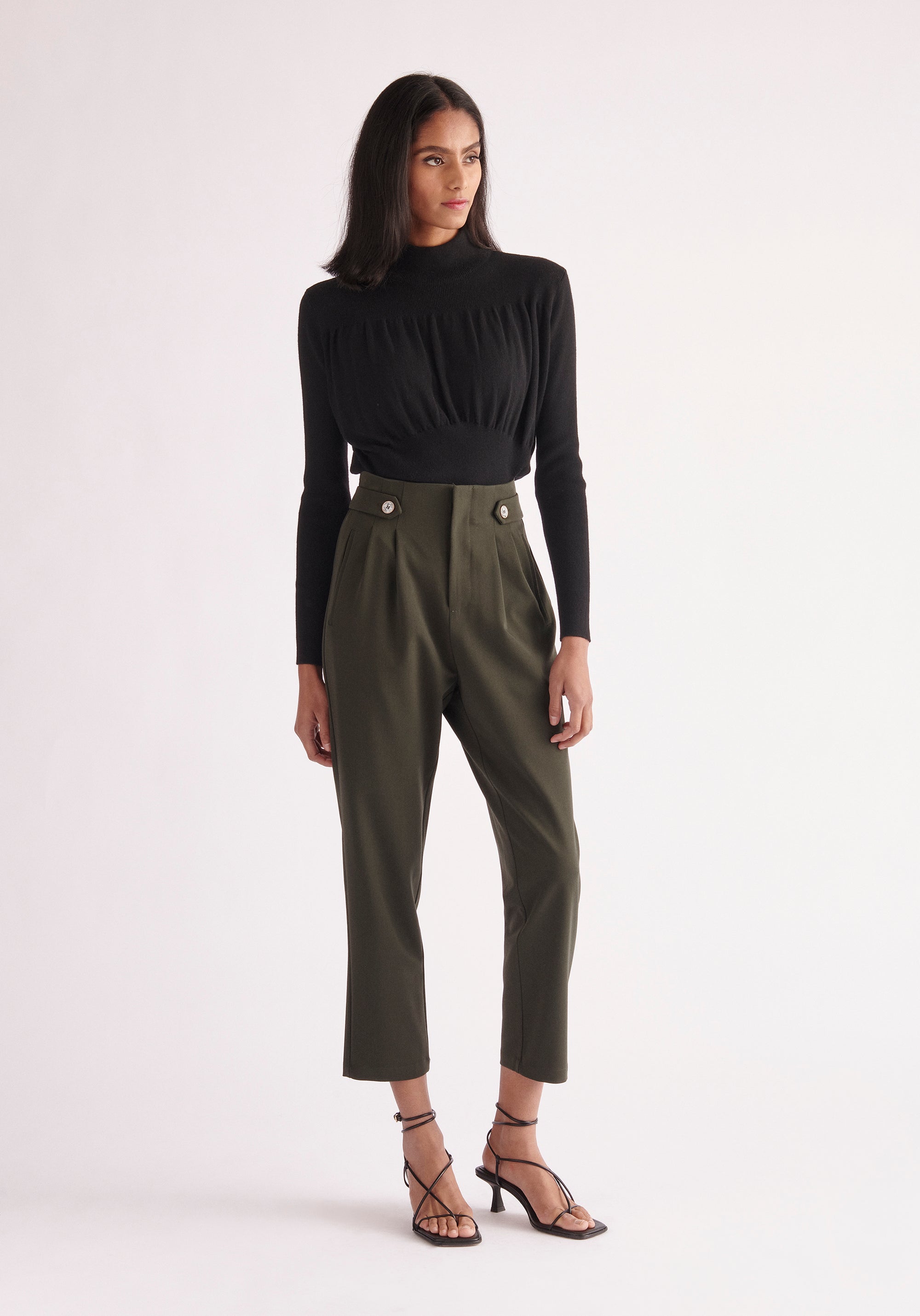 Paisie Cropped Button Detail Trousers in Army Green