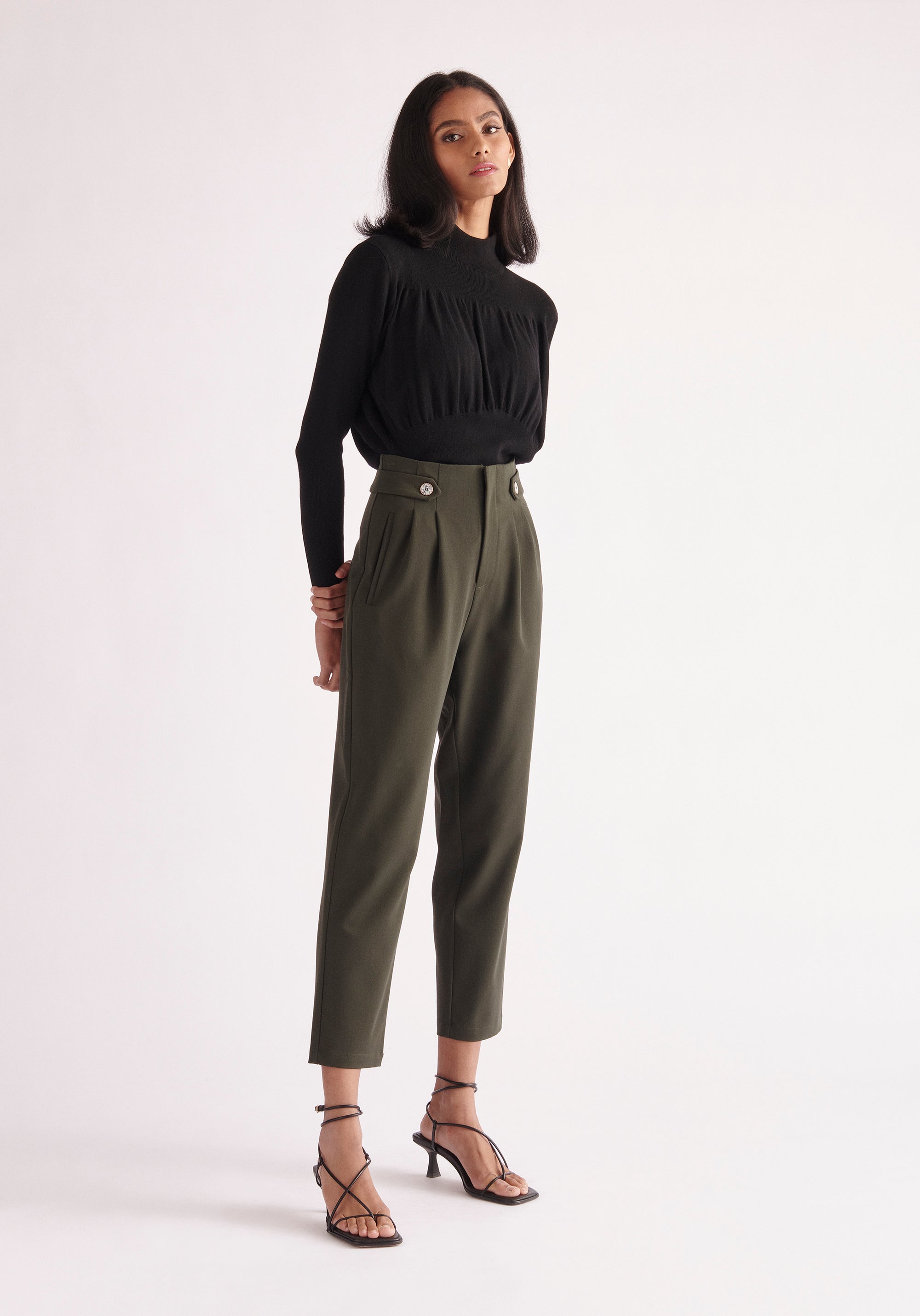 Paisie Cropped Button Detail Trousers in Army Green
