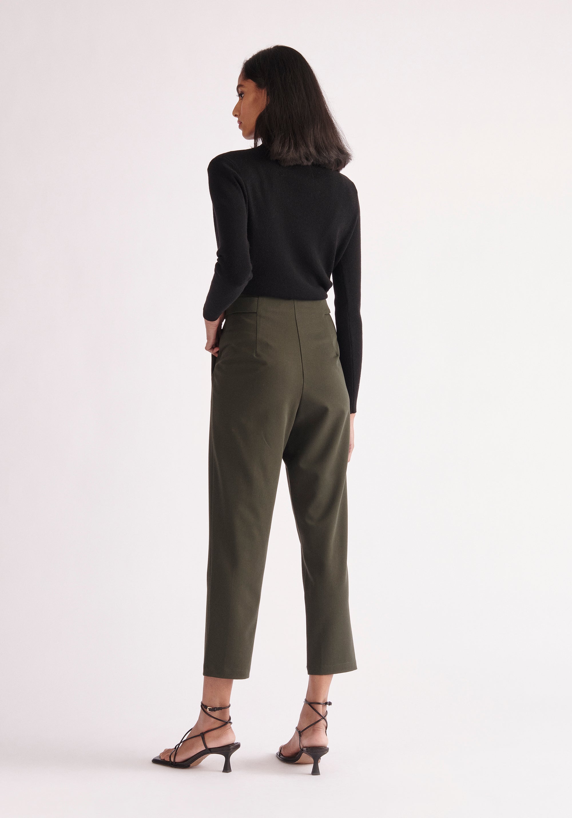 Paisie Cropped Button Detail Trousers in Army Green Back
