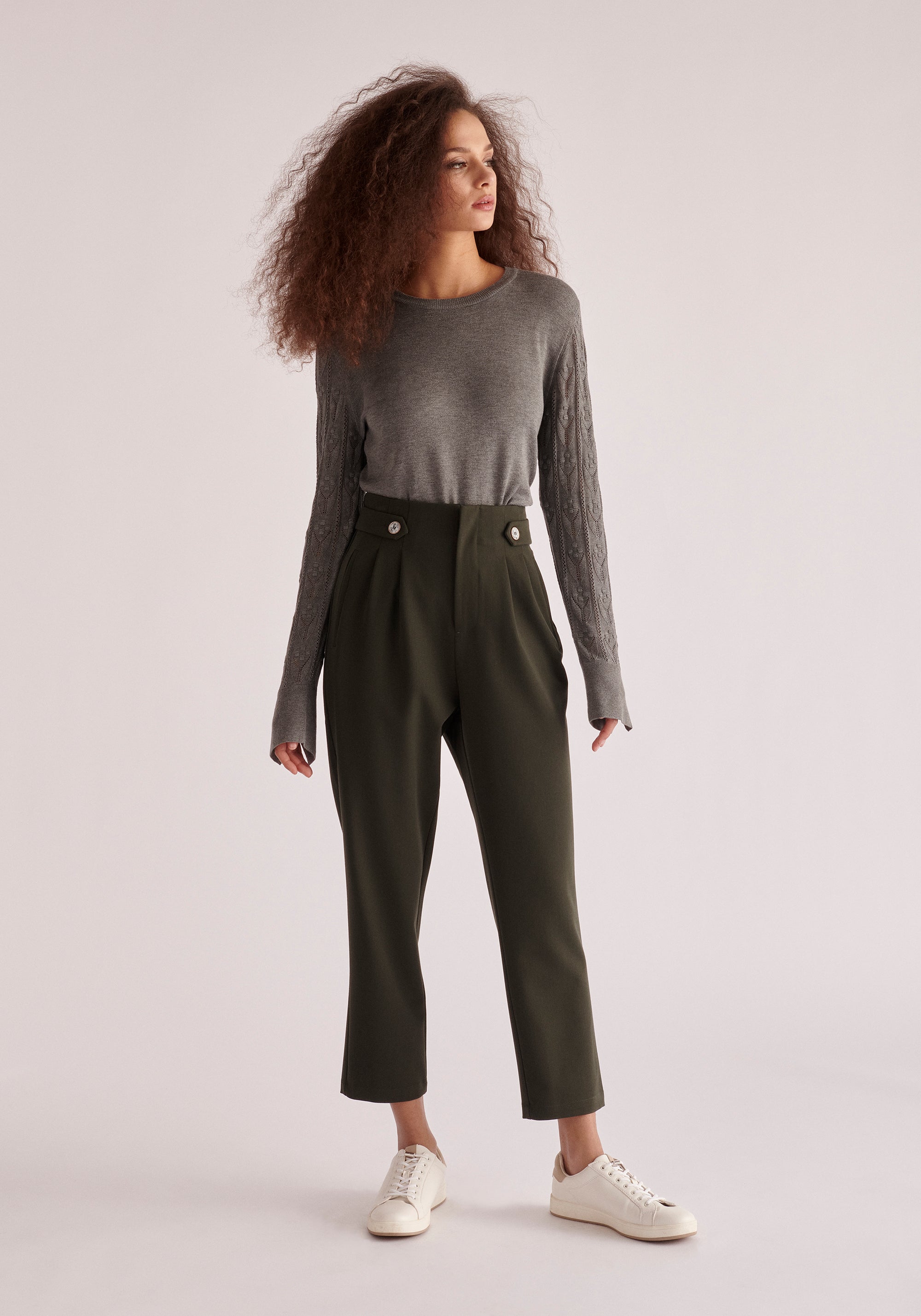 Paisie Cropped Button Detail Trousers in Army Green