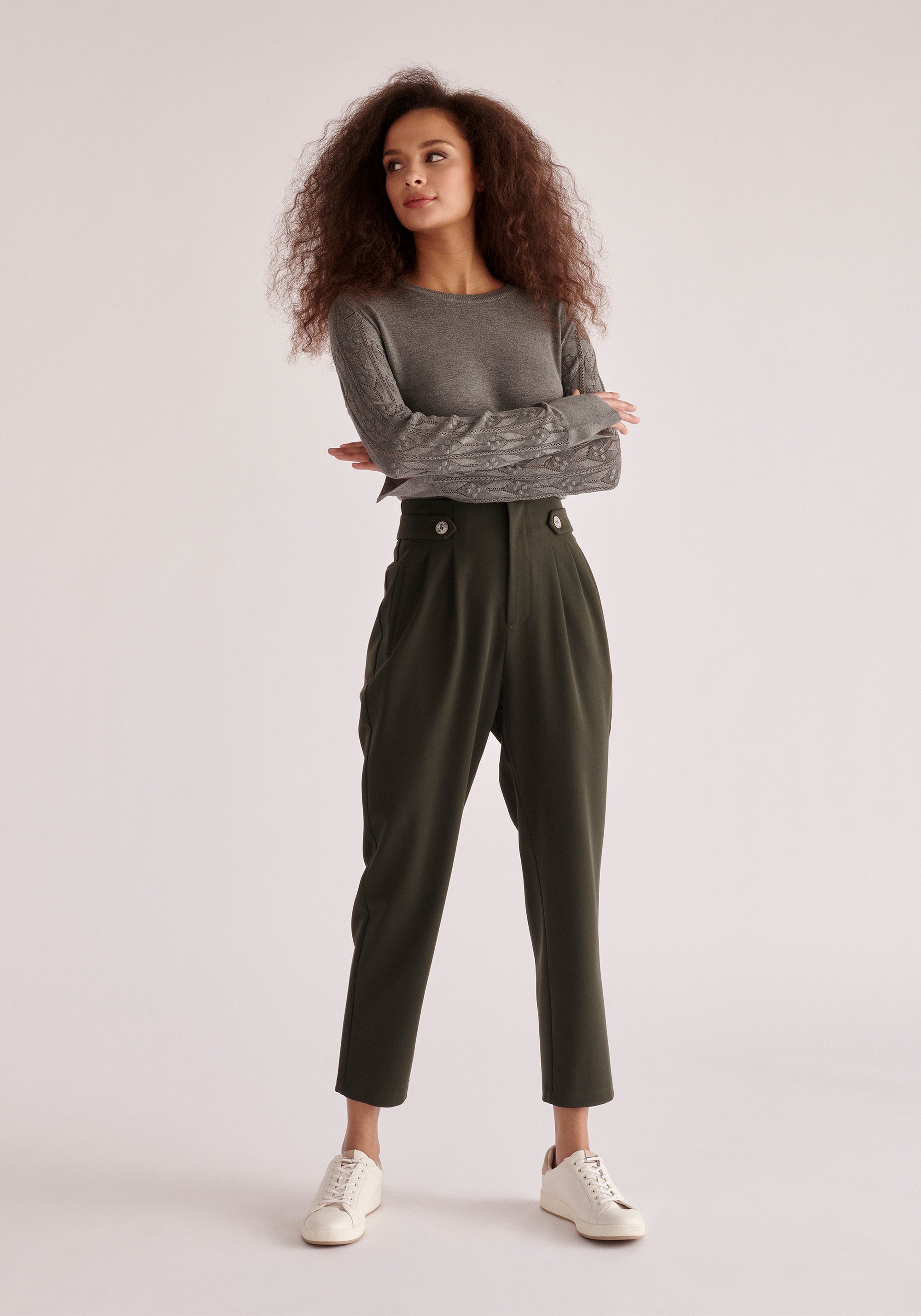 Paisie Cropped Button Detail Trousers in Army Green