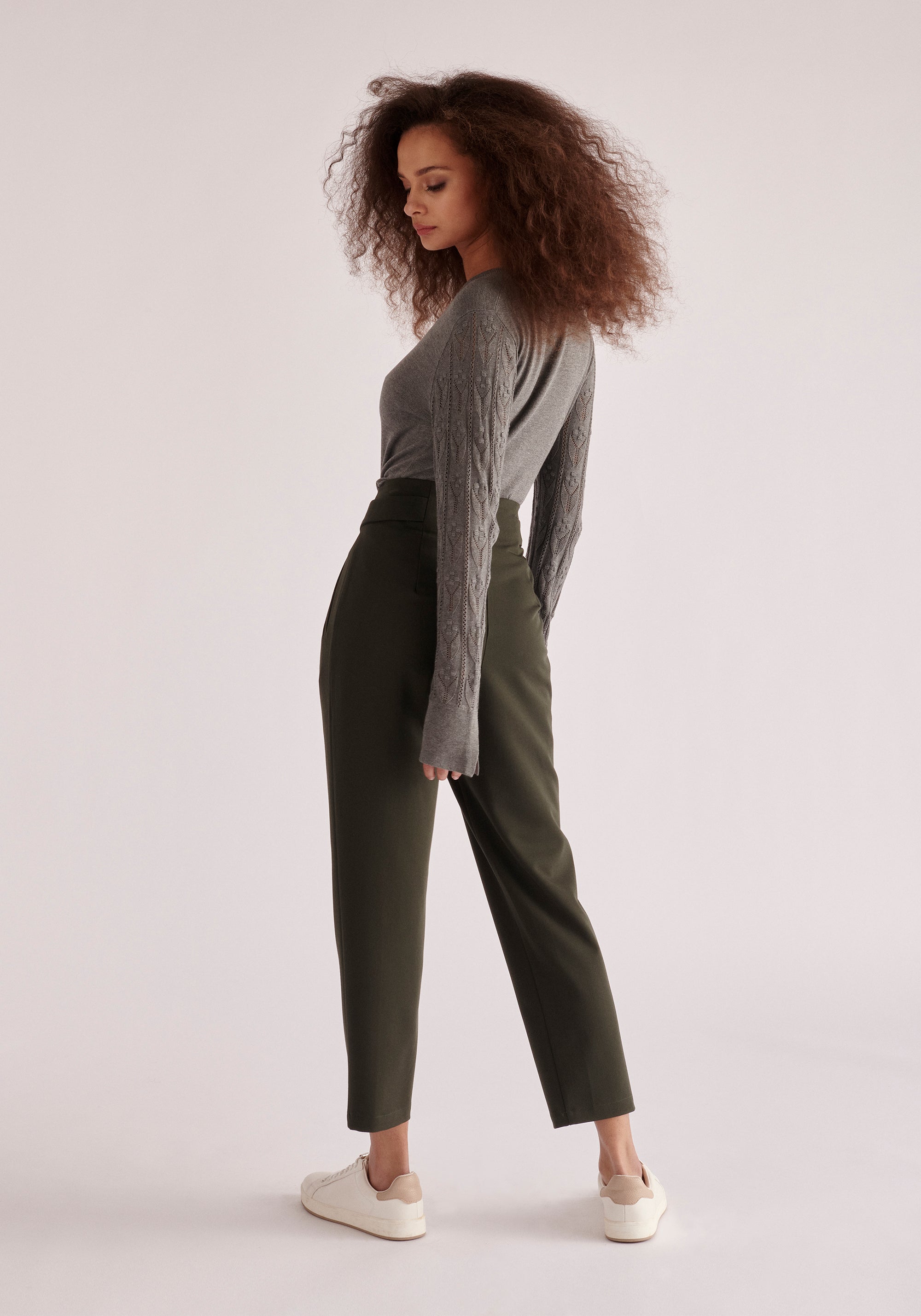 Paisie Cropped Button Detail Trousers in Army Green Back