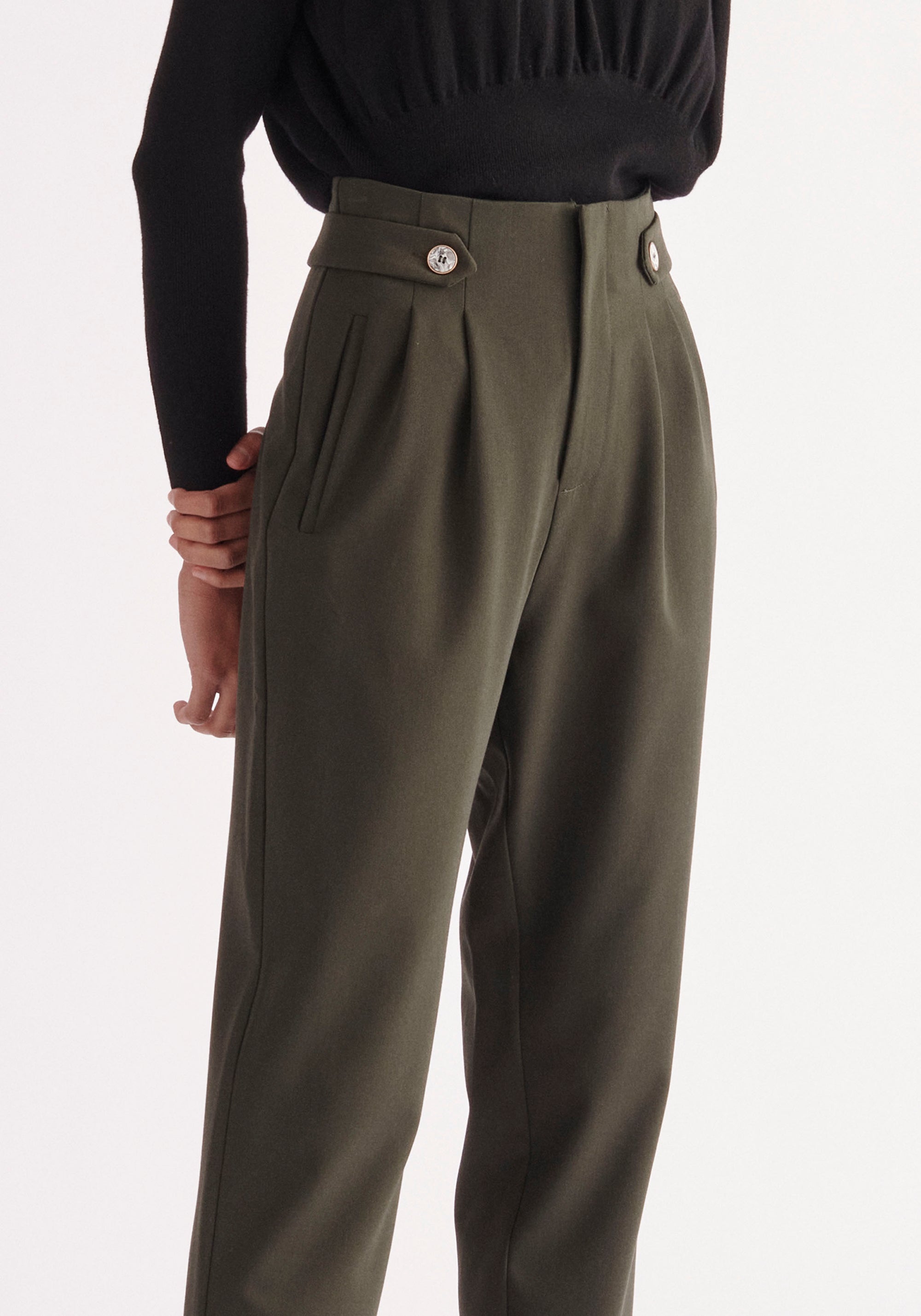 Paisie Cropped Button Detail Trousers in Army Green Close Up
