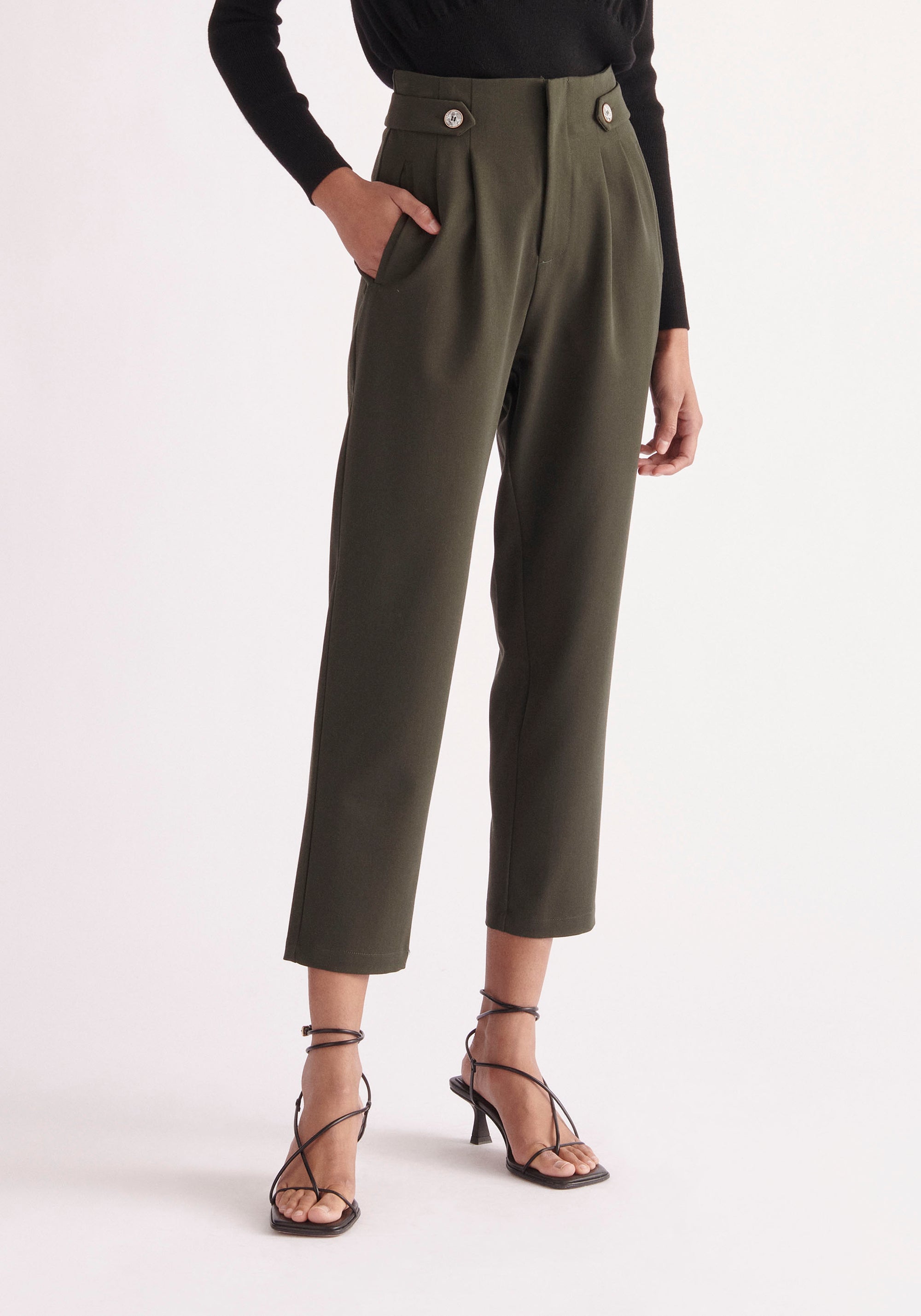 Paisie Cropped Button Detail Trousers in Army Green