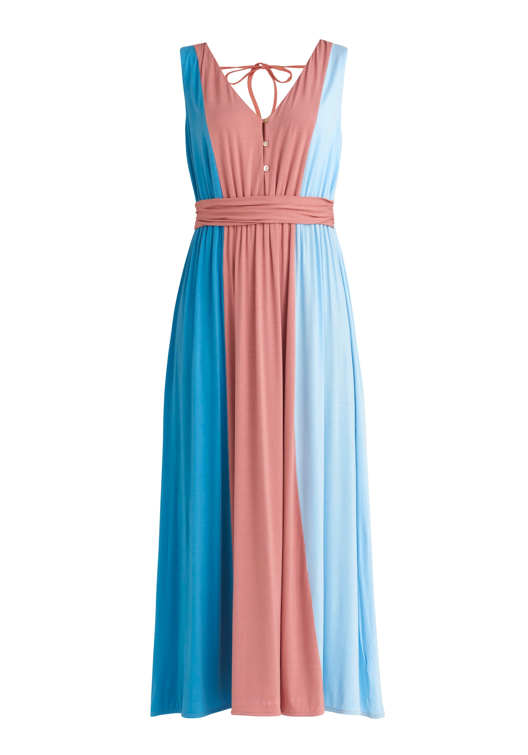 Paisie Tri-Colour V-Neck Maxi Dress in Blue and Pink Cut Out