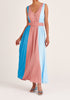 Paisie Tri-Colour V-Neck Maxi Dress in Blue and Pink