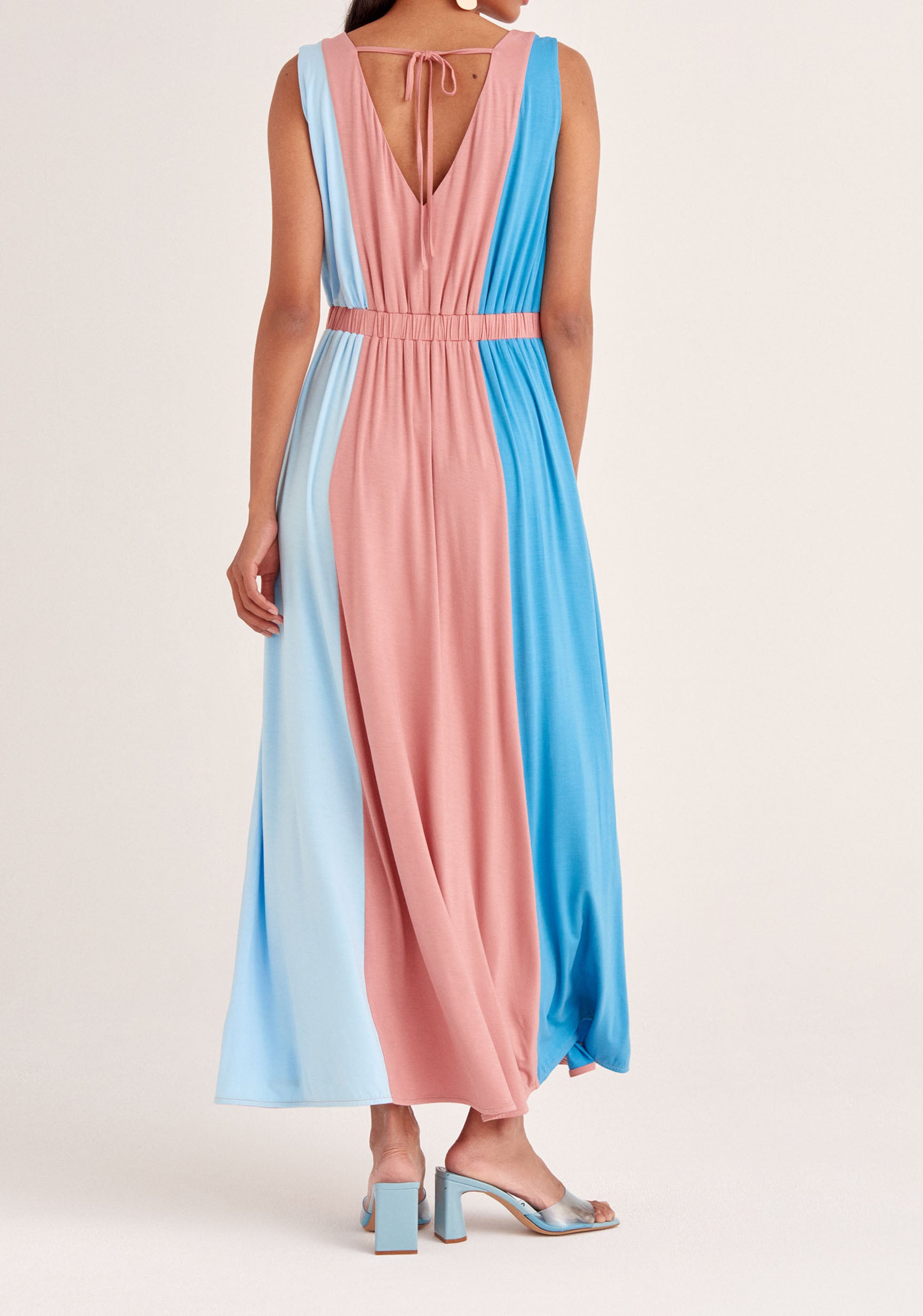 Paisie Tri-Colour V-Neck Maxi Dress in Blue and Pink Back