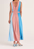 Paisie Tri-Colour V-Neck Maxi Dress in Blue and Pink Back