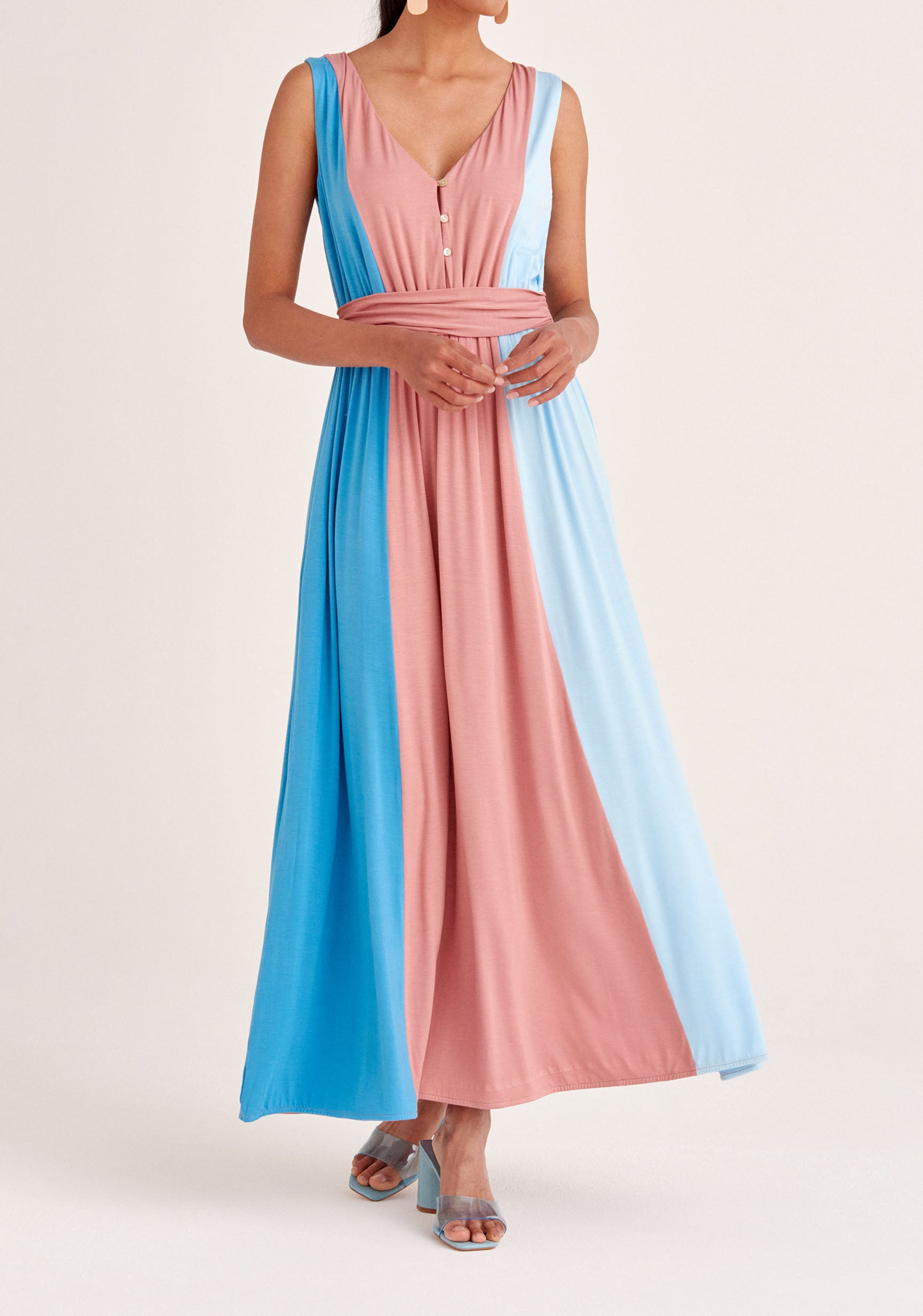 Paisie Tri-Colour V-Neck Maxi Dress in Blue and Pink