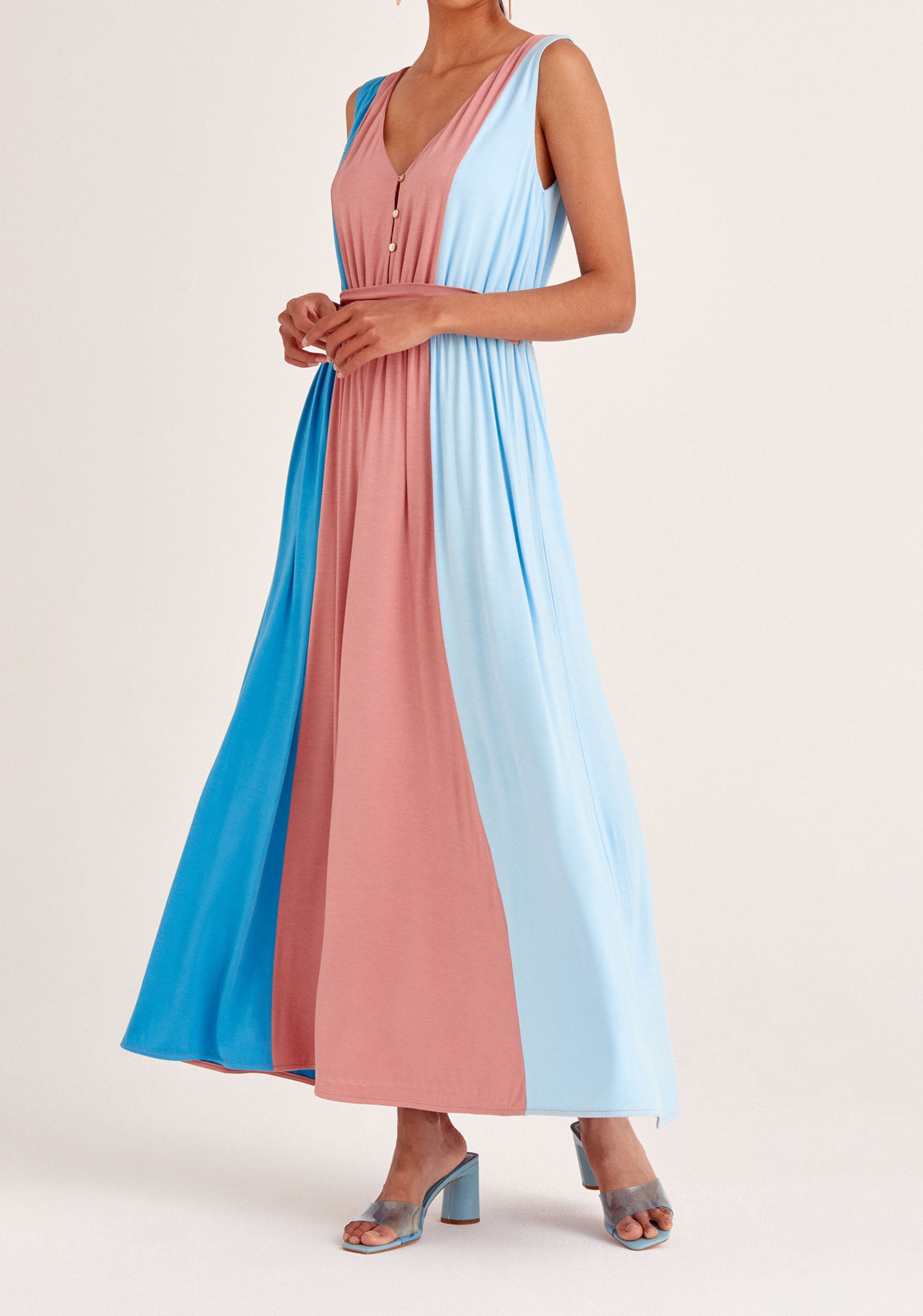 Paisie Tri-Colour V-Neck Maxi Dress in Blue and Pink