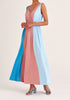 Paisie Tri-Colour V-Neck Maxi Dress in Blue and Pink