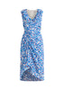 Paisie Floral Ruched Midi Dress with Frills in Blue Cut Out