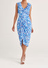 Paisie Floral Ruched Midi Dress with Frills in Blue