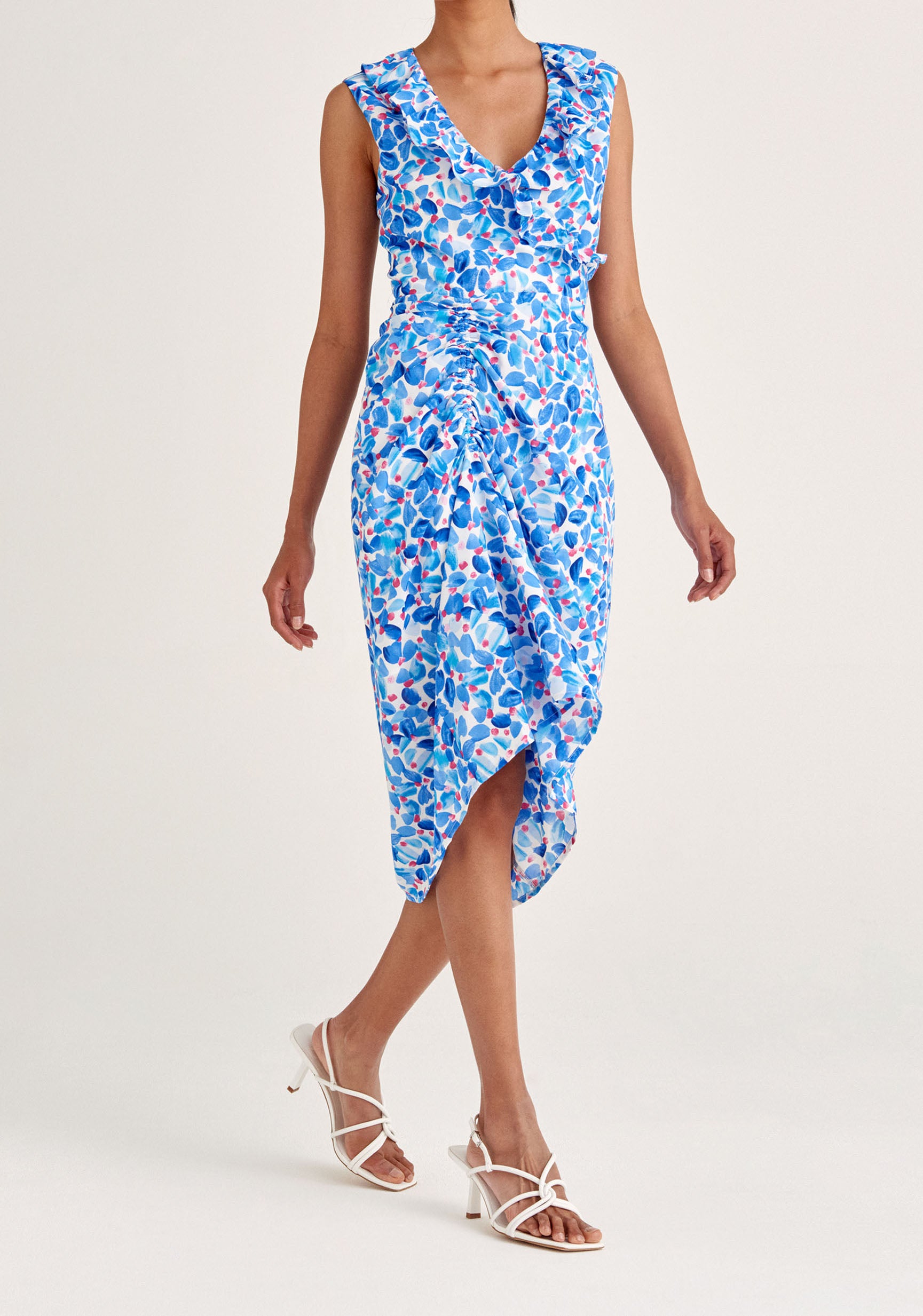 Paisie Floral Ruched Midi Dress with Frills in Blue