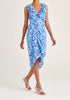 Paisie Floral Ruched Midi Dress with Frills in Blue