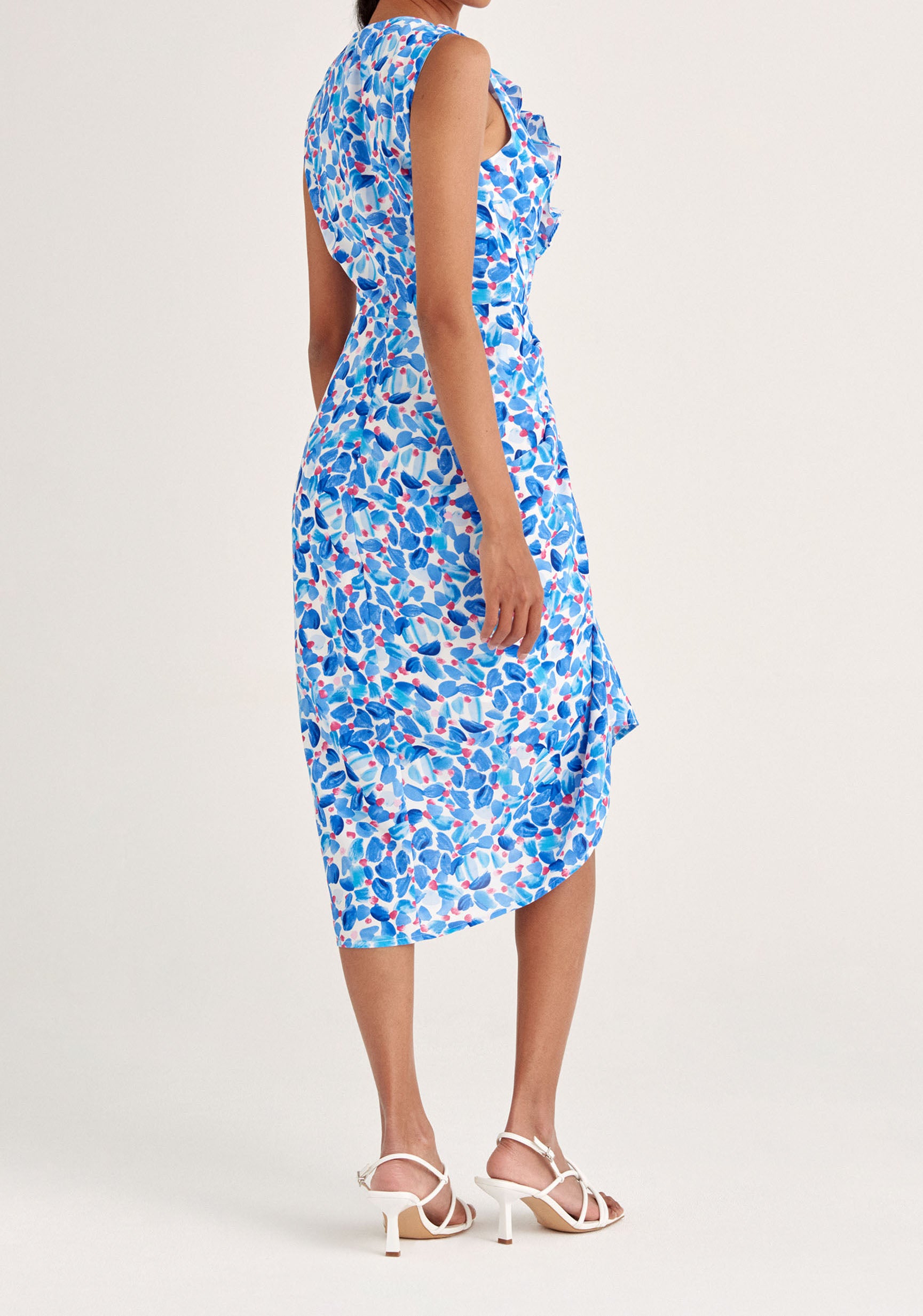 Paisie Floral Ruched Midi Dress with Frills in Blue Back