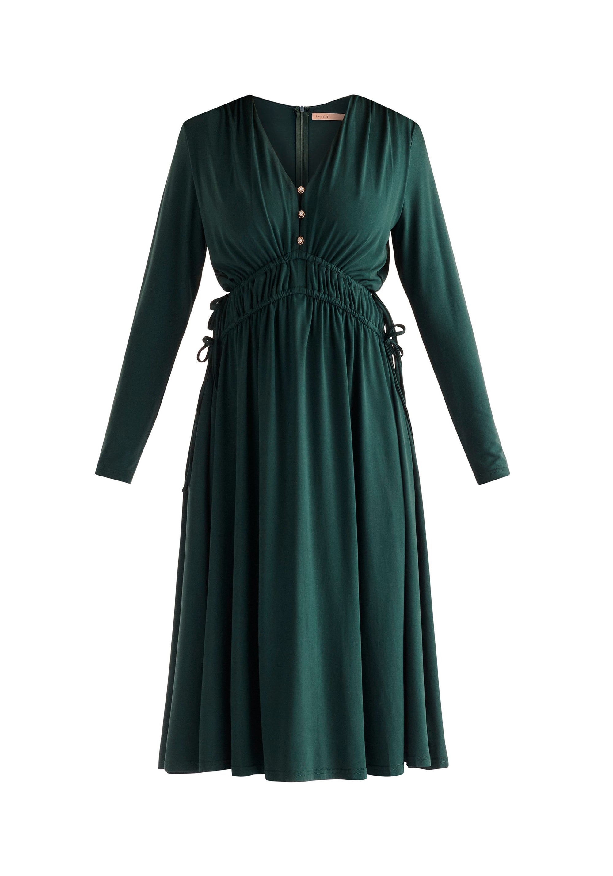Paisie Ruched Waist Modal Dress in Dark Green Cut Out