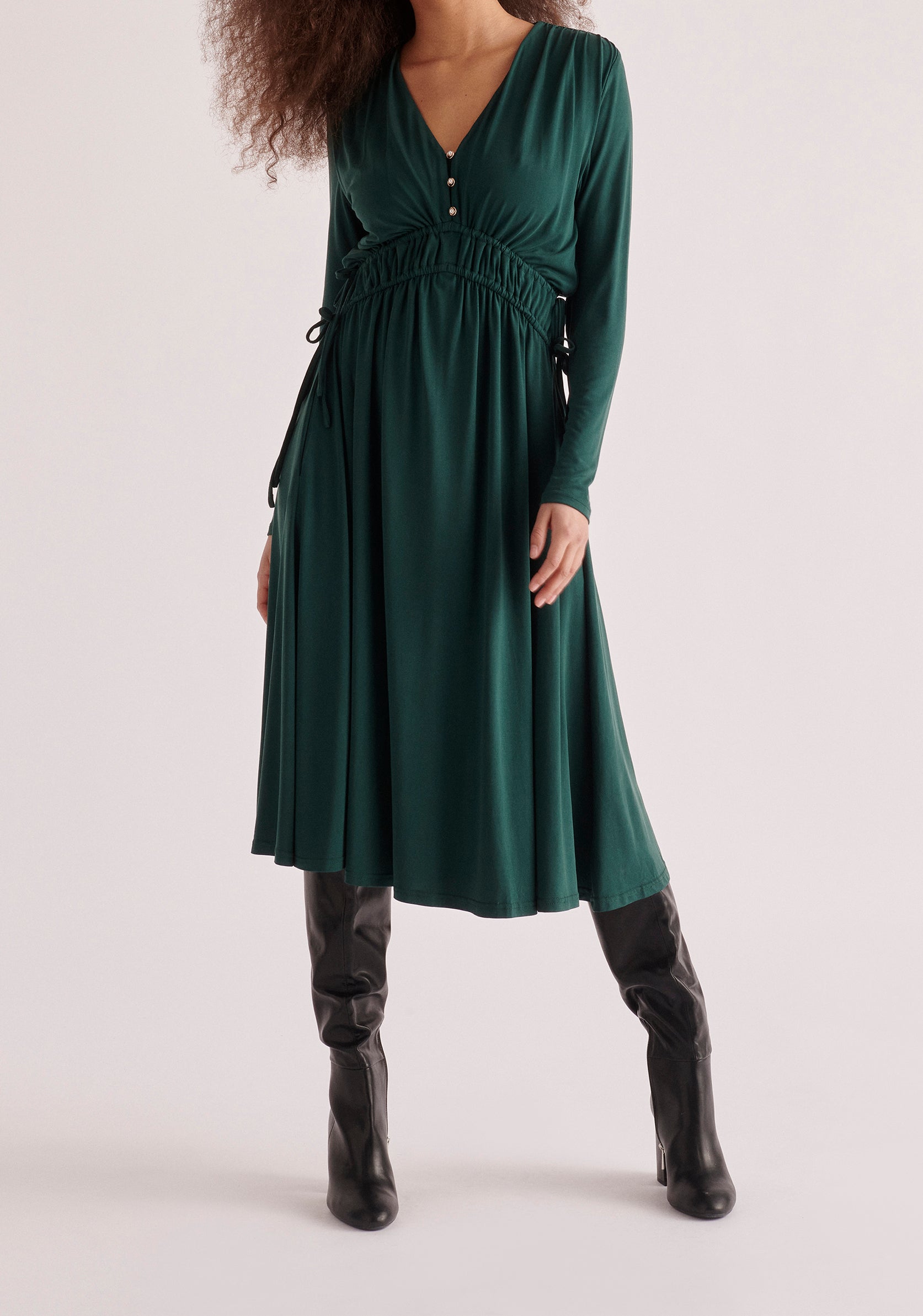 Paisie Ruched Waist Modal Dress in Dark Green