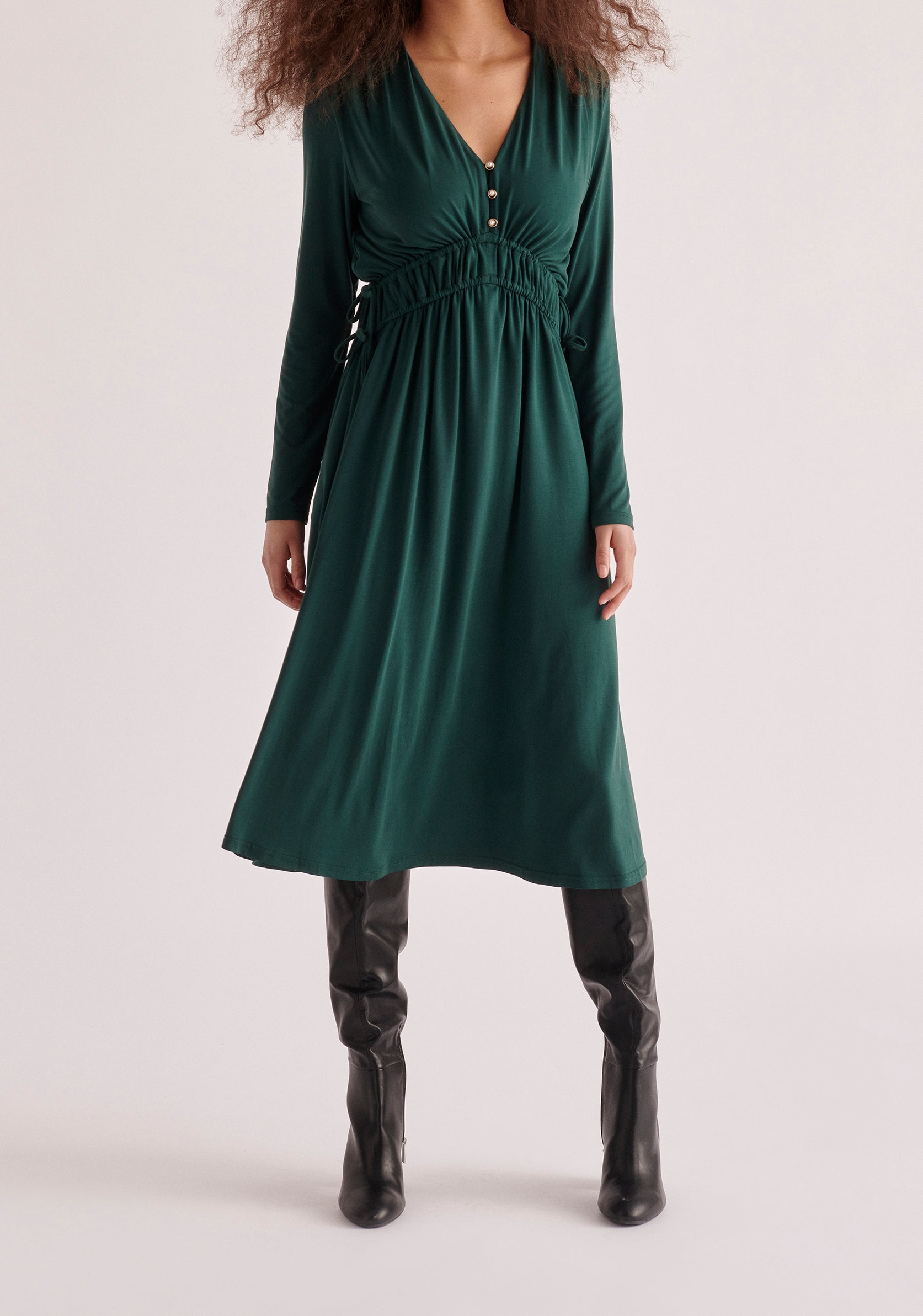 Paisie Ruched Waist Modal Dress in Dark Green