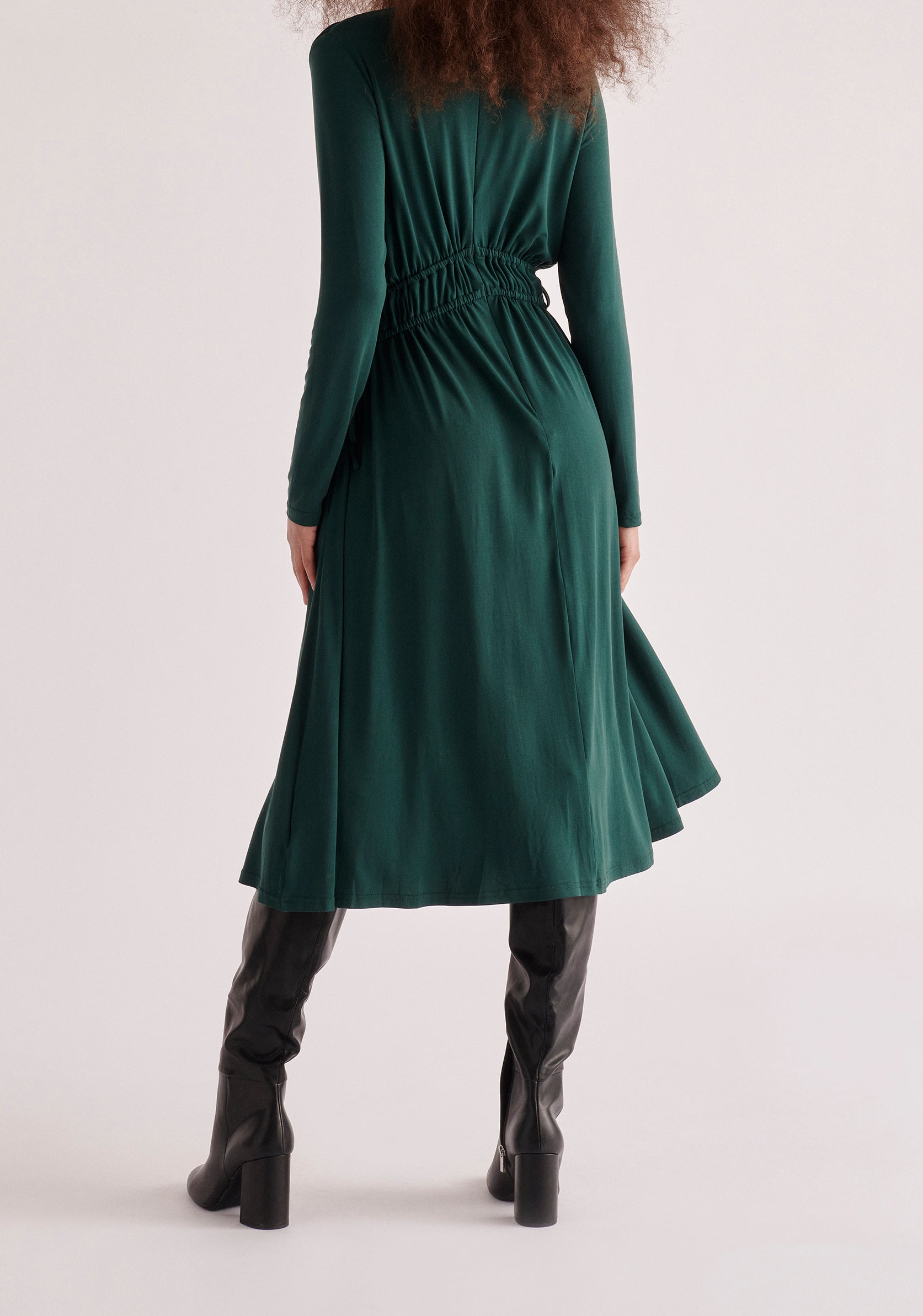 Paisie Ruched Waist Modal Dress in Dark Green Back