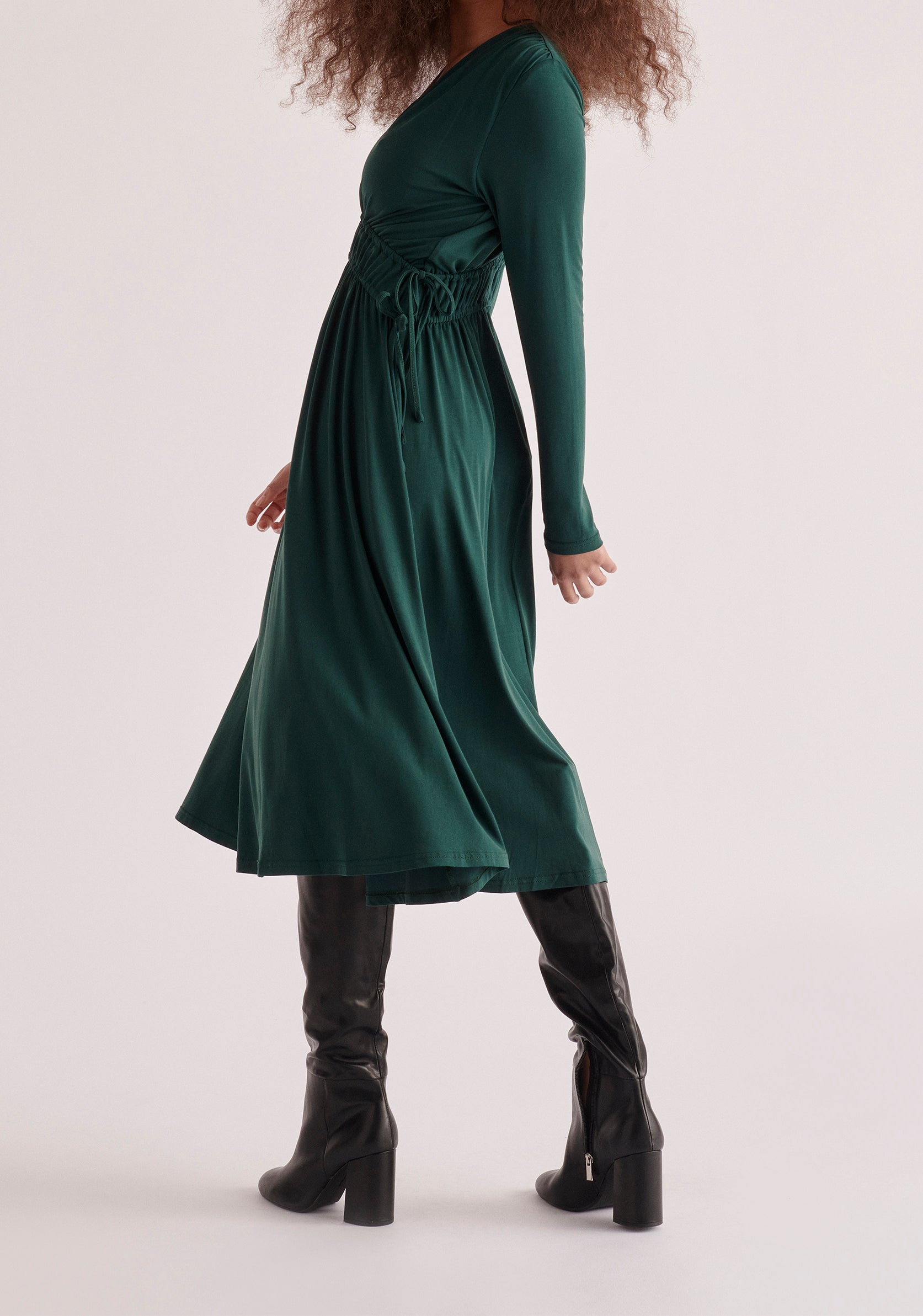 Paisie Ruched Waist Modal Dress in Dark Green Side