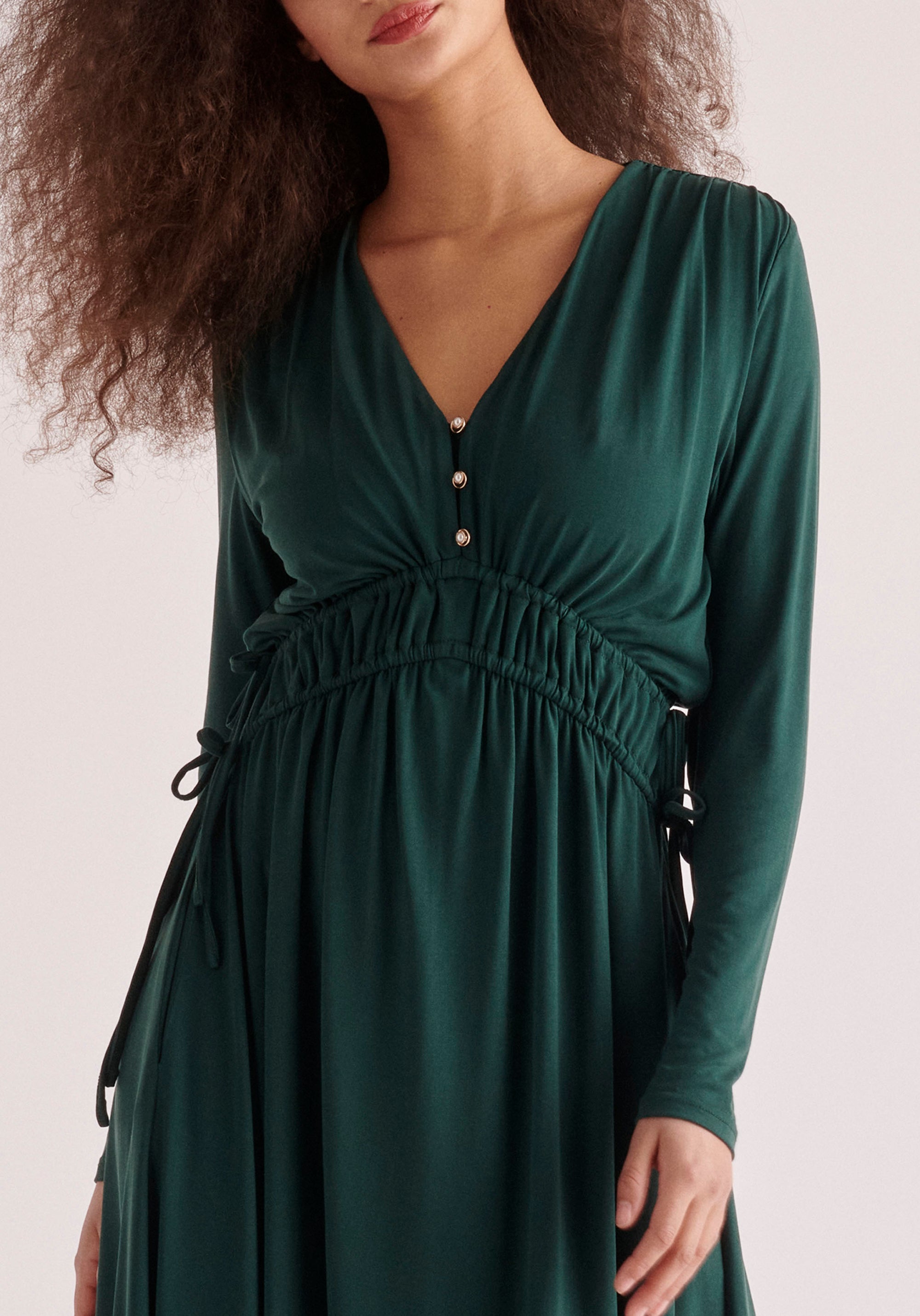 Paisie Ruched Waist Modal Dress in Dark Green Close Up