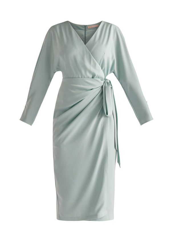 Paisie Satin Wrap Dress in Teal Cut Out
