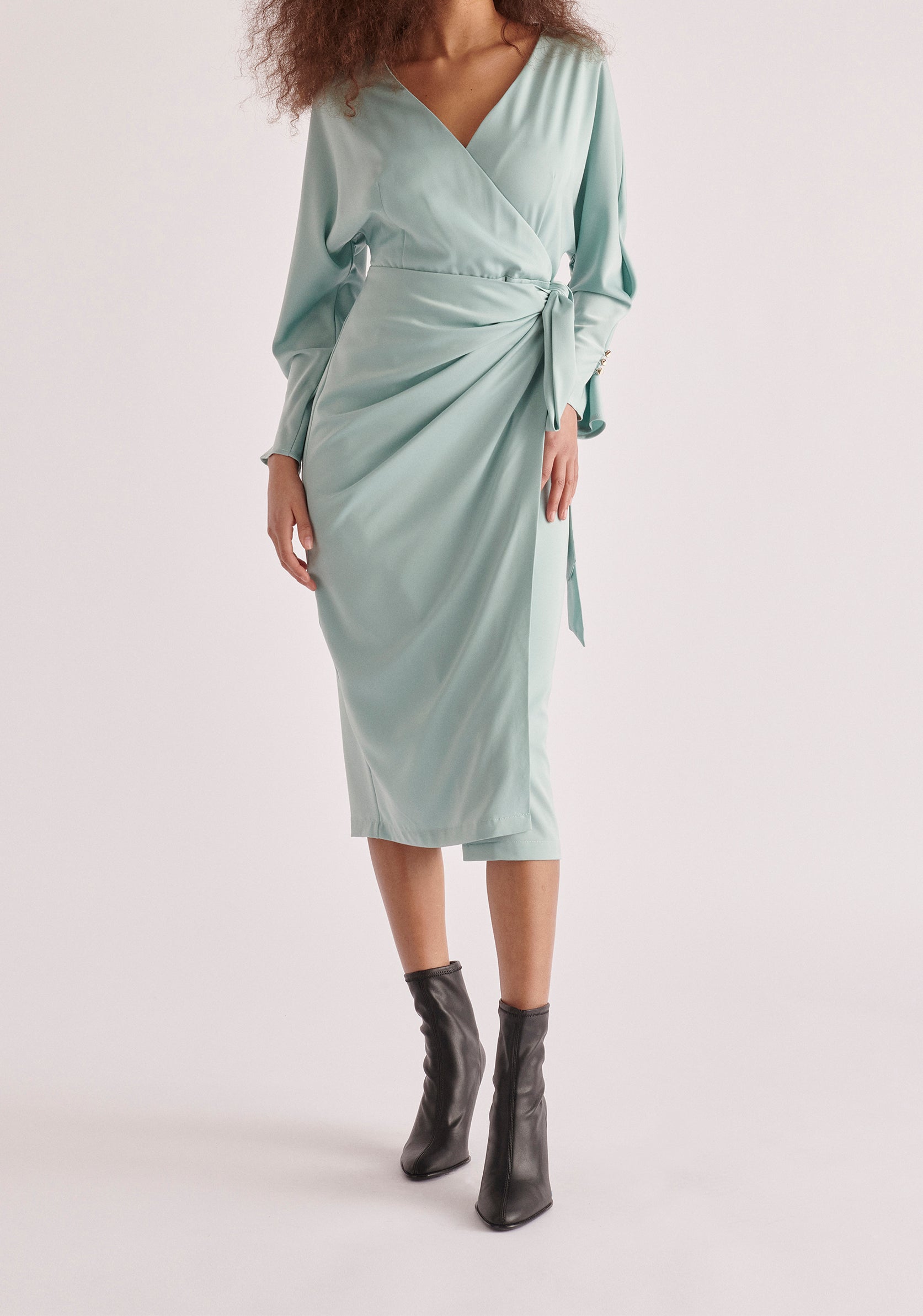 Paisie Satin Wrap Dress in Teal