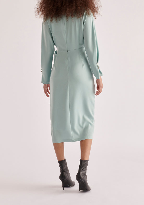 Paisie Satin Wrap Dress in Teal Back