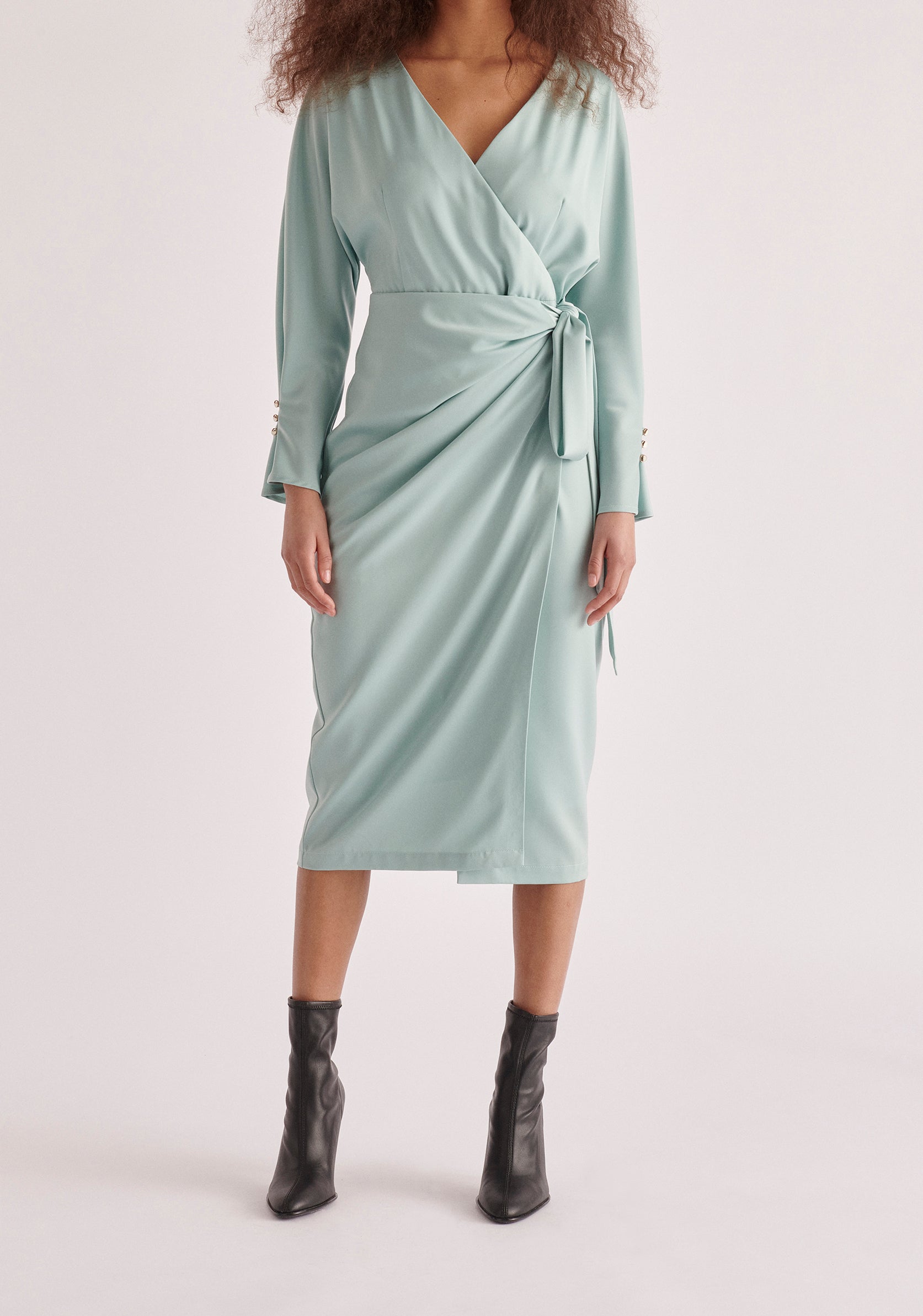 Paisie Satin Wrap Dress in Teal