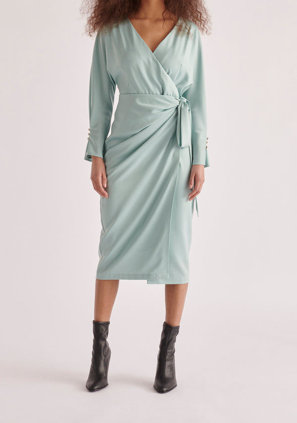 Paisie Satin Wrap Dress in Teal