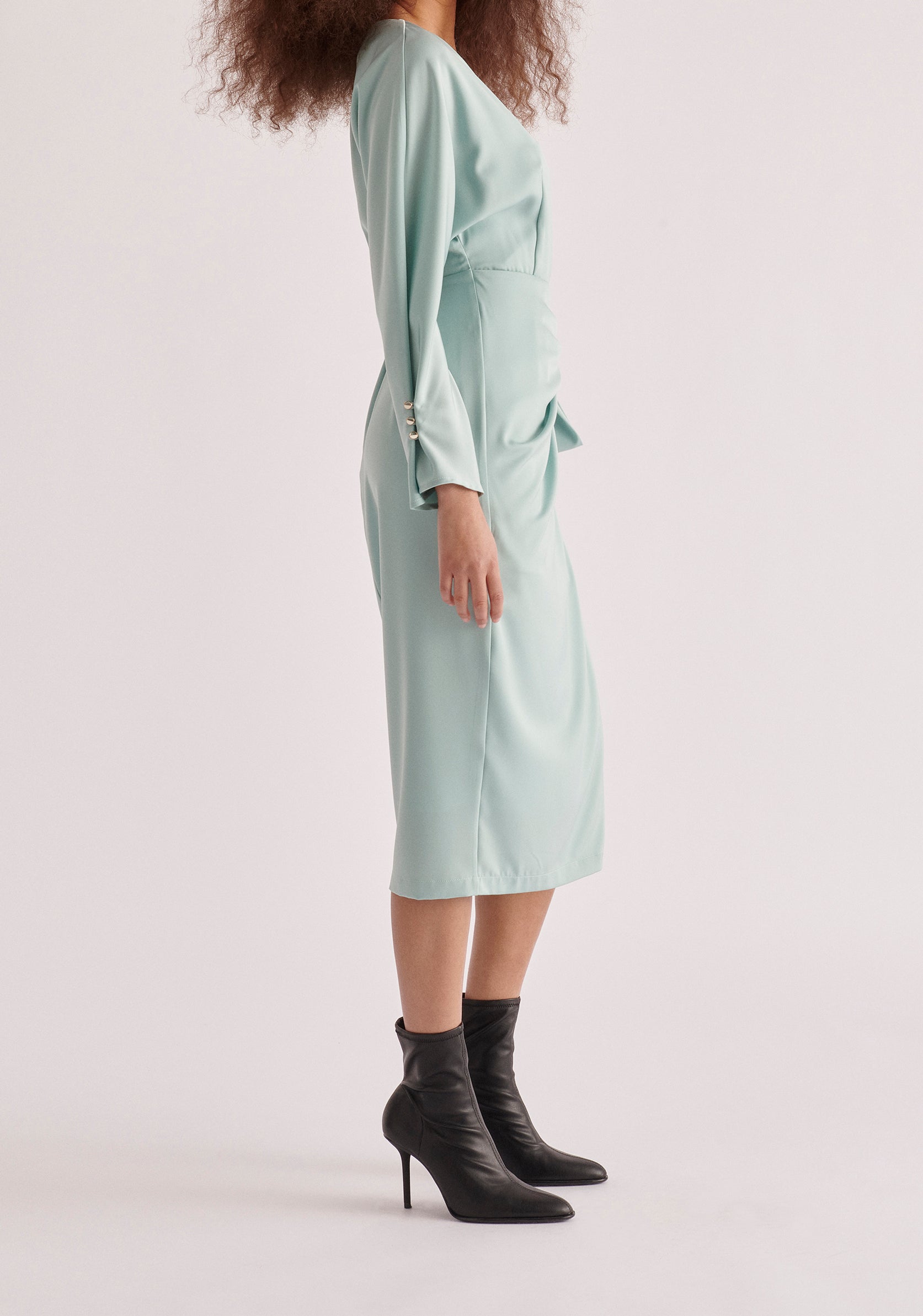 Paisie Satin Wrap Dress in Teal Side