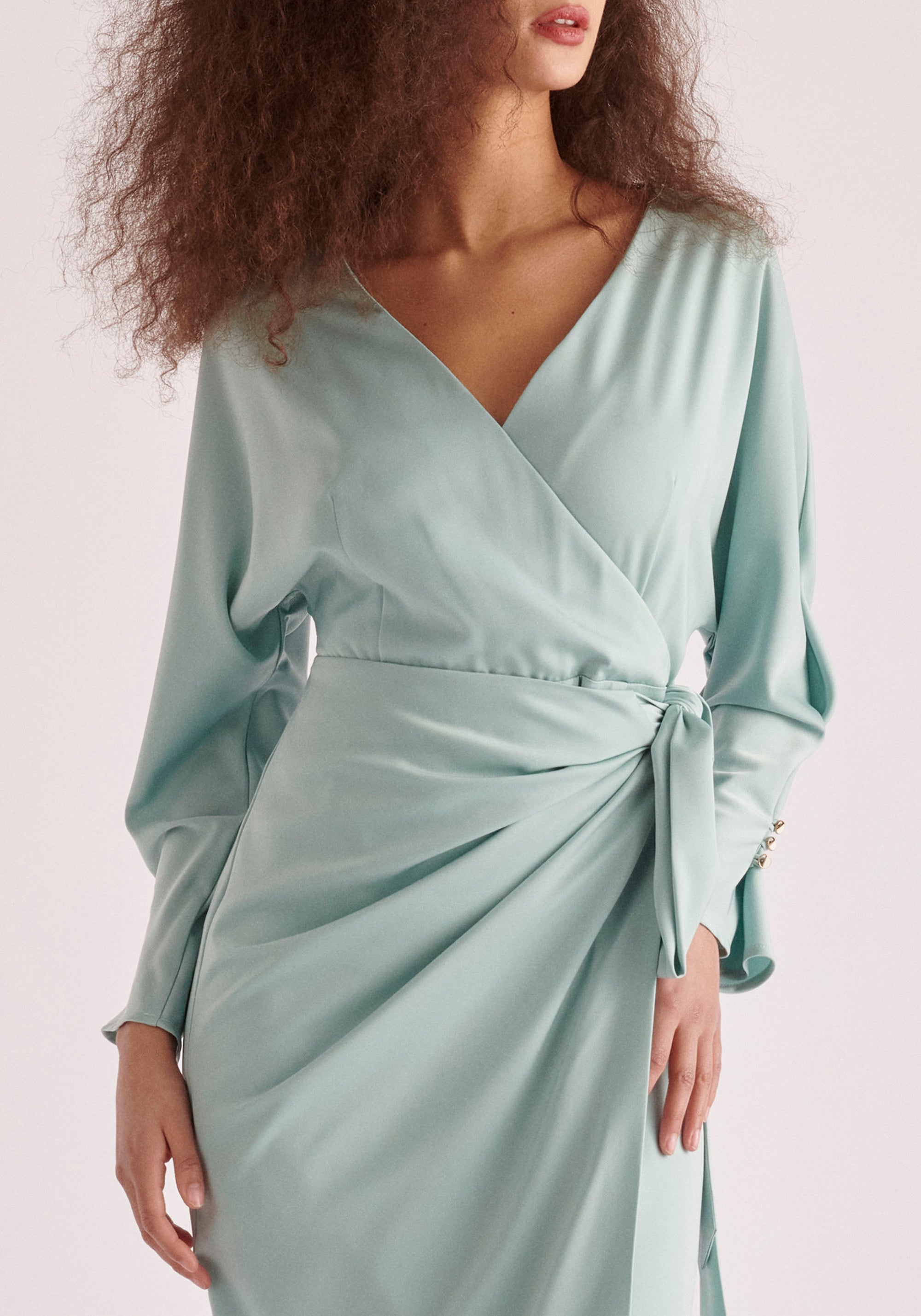 Paisie Satin Wrap Dress in Teal Close Up