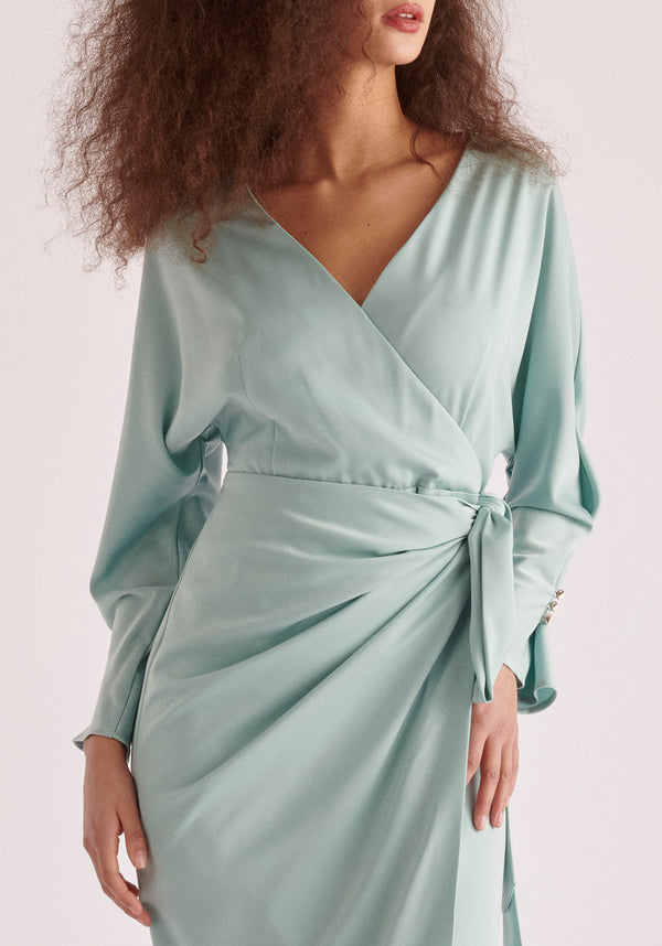Paisie Satin Wrap Dress in Teal Close Up