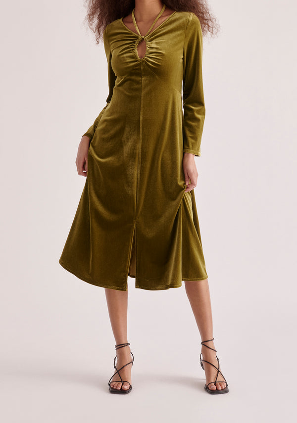 Paisie Velvet Tie-Neck Dress in Olive Green