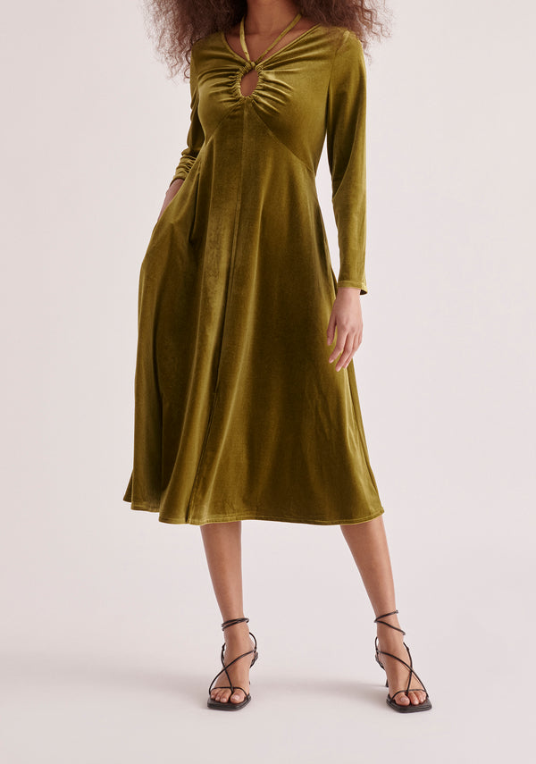 Paisie Velvet Tie-Neck Dress in Olive Green