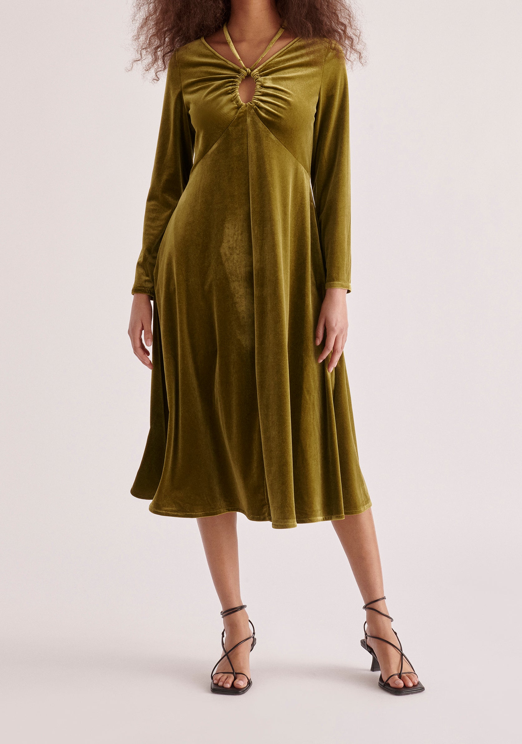 Paisie Velvet Tie-Neck Dress in Olive Green