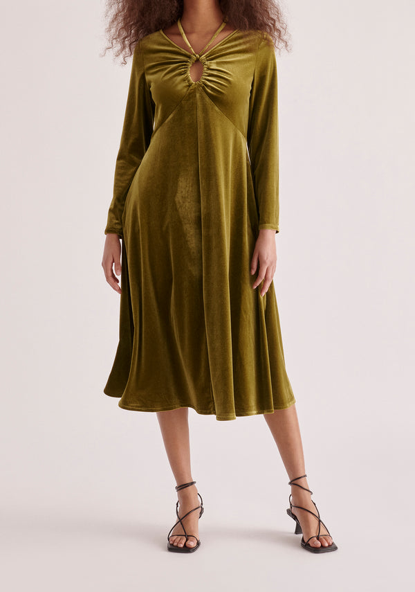 Paisie Velvet Tie-Neck Dress in Olive Green