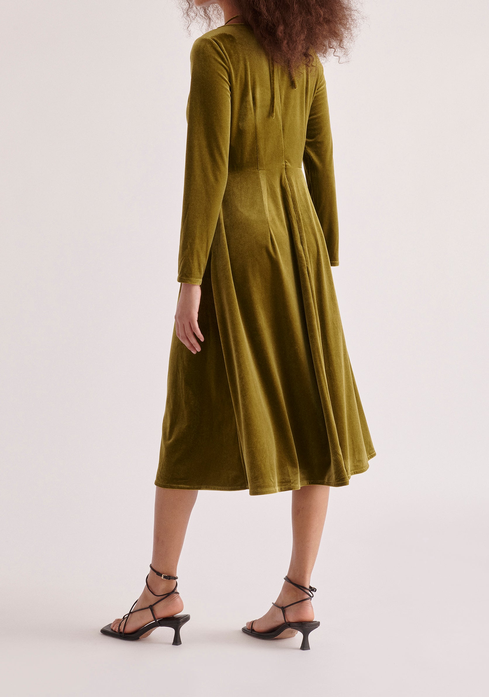 Paisie Velvet Tie-Neck Dress in Olive Green Back