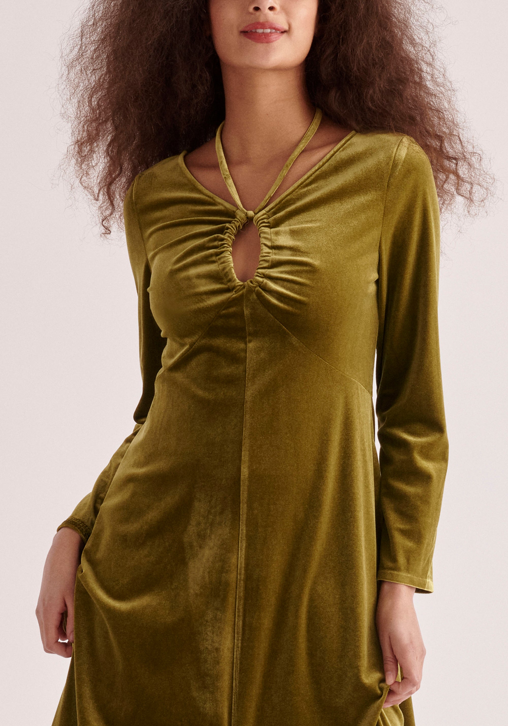 Paisie Velvet Tie-Neck Dress in Olive Green Close Up