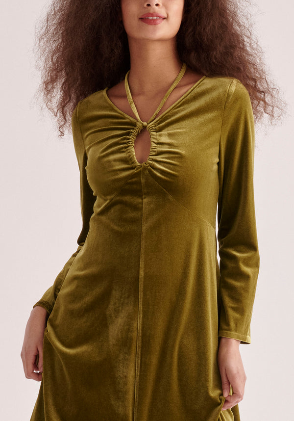 Paisie Velvet Tie-Neck Dress in Olive Green Close Up