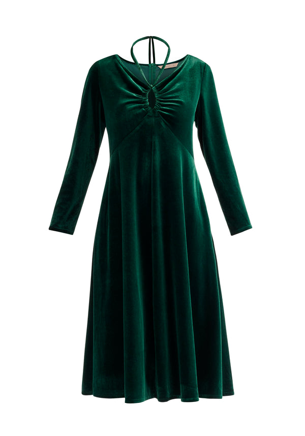 Paisie Velvet Tie-Neck Dress in Dark Green Cut Out