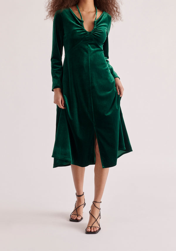 Paisie Velvet Tie-Neck Dress in Dark Green