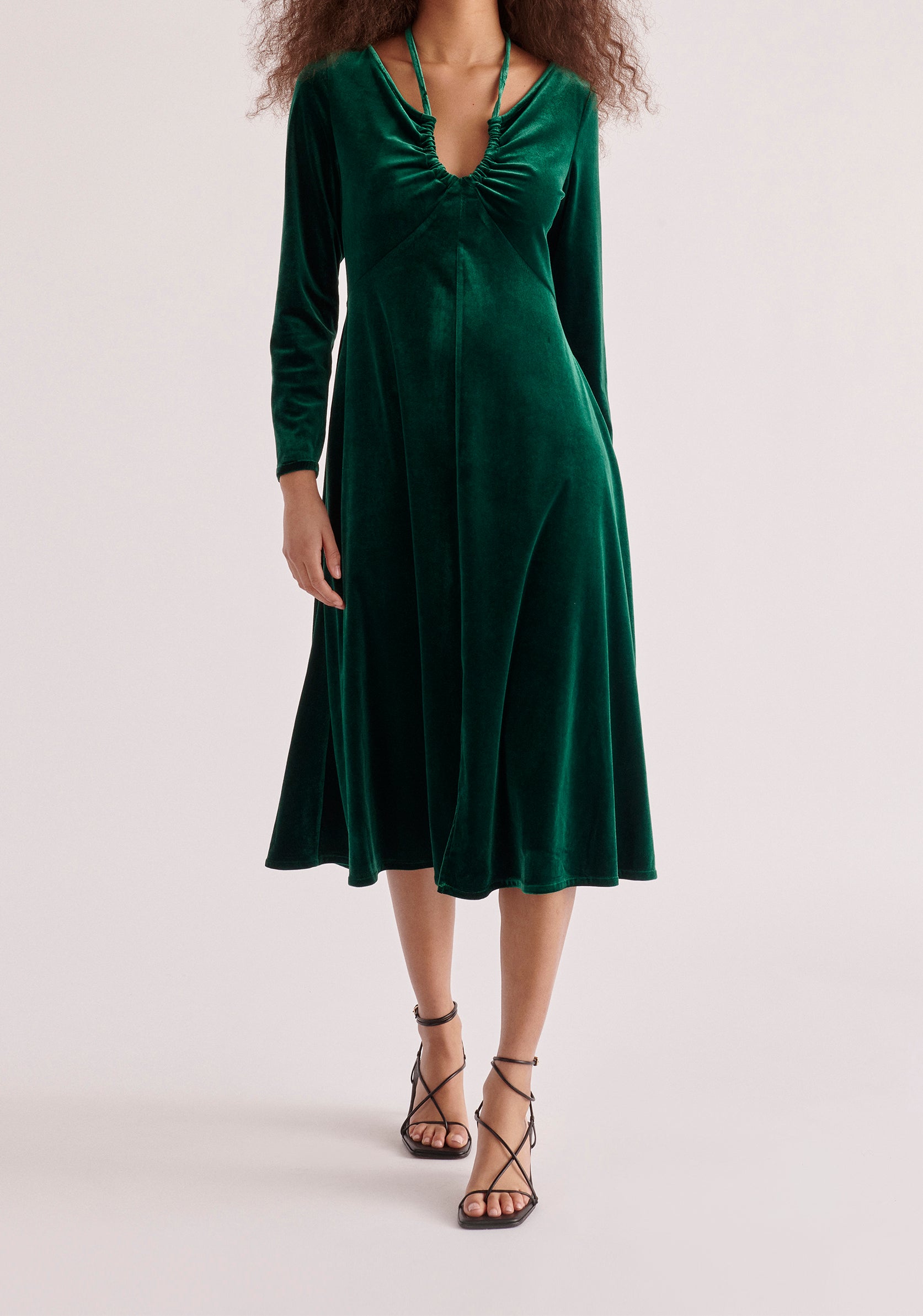 Paisie Velvet Tie-Neck Dress in Dark Green