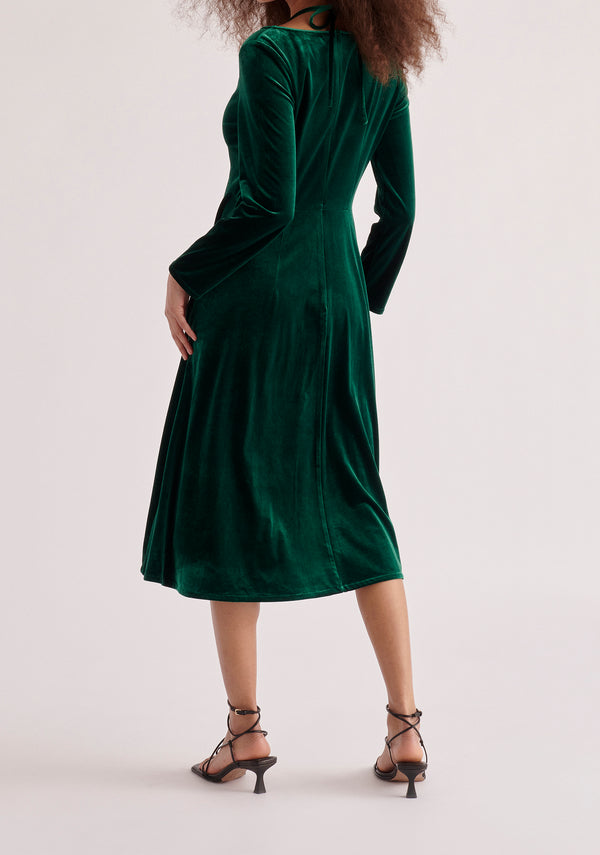 Paisie Velvet Tie-Neck Dress in Dark Green Back