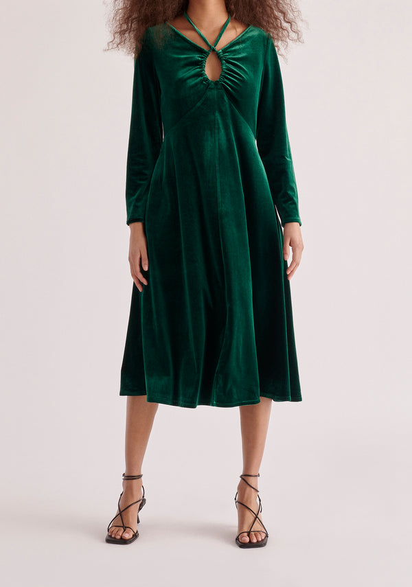 Paisie Velvet Tie-Neck Dress in Dark Green