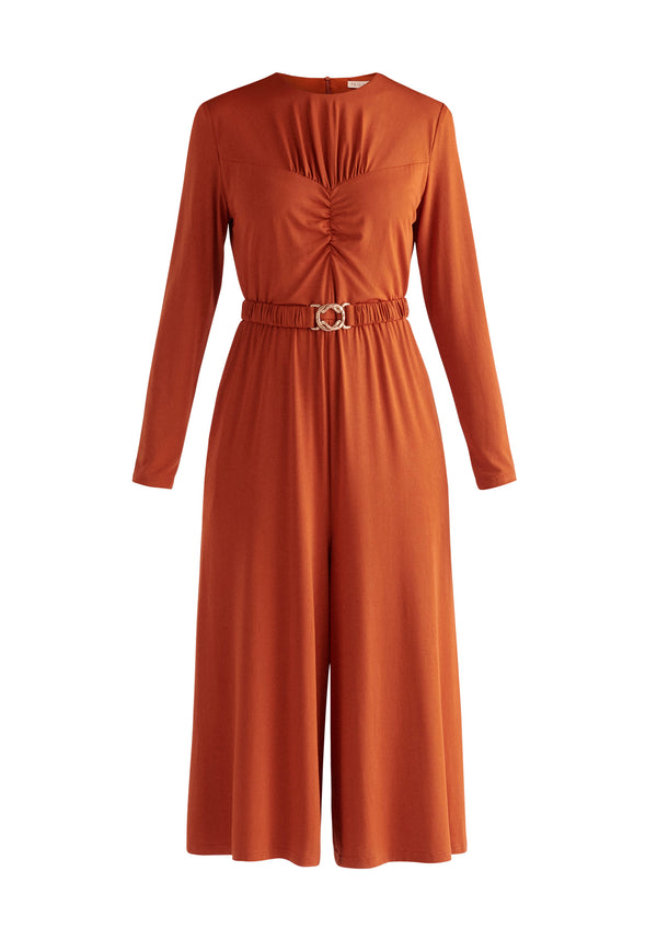 Paisie Ruched Modal Jumpsuit in Burnt Orange Cut Out